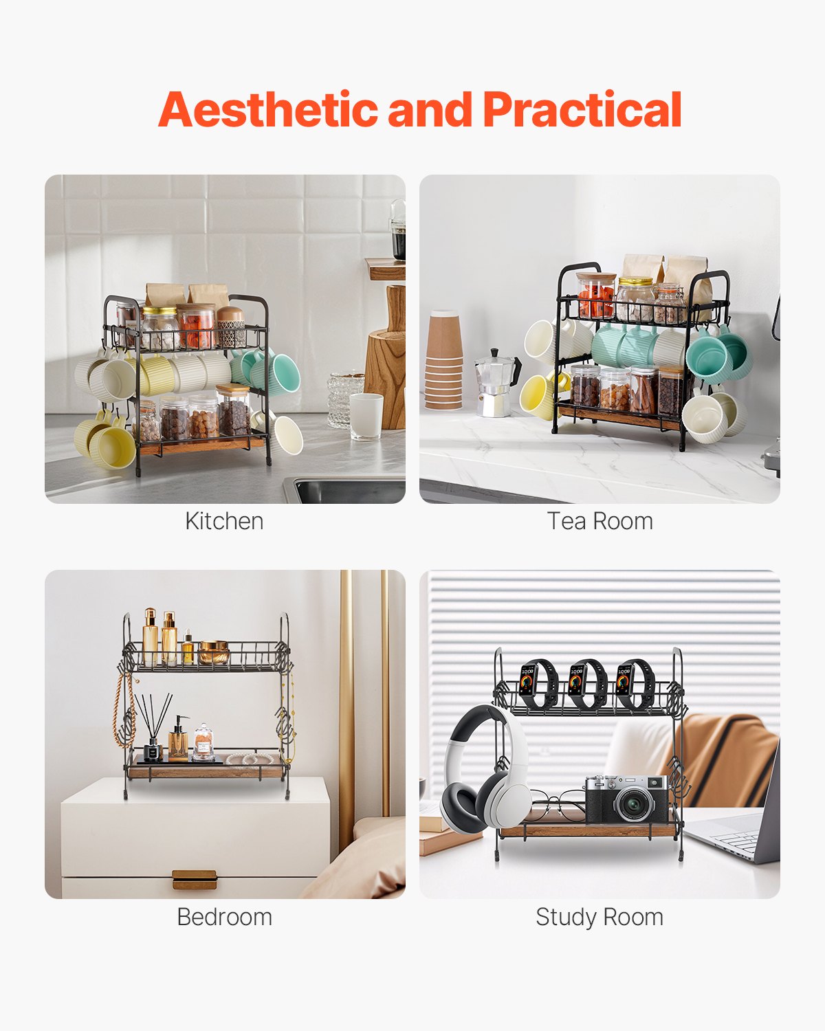 Desk Accessories: VEVOR 2 Tier Coffee Bar Organizer for Countertop w/ 12 Movable Hooks Mug Holder