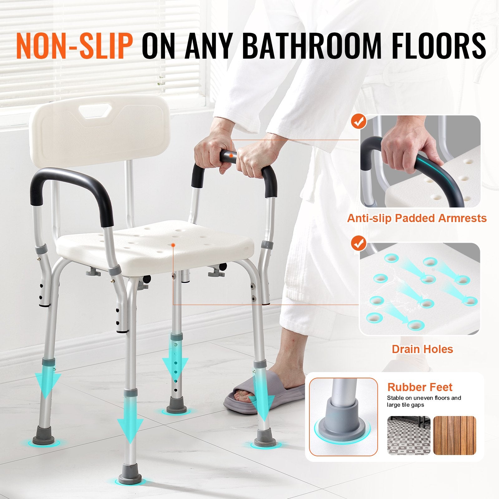 Mobility & Accessibility: VEVOR Shower Chair, Shower Seat with Back, Adjustable Height Shower Stool, Shower Chair for Inside Shower Bathtub, Non-slip Bathroom Bench Bath Chair for Elderly Disabled Handicap, 158.8 kg Capacity