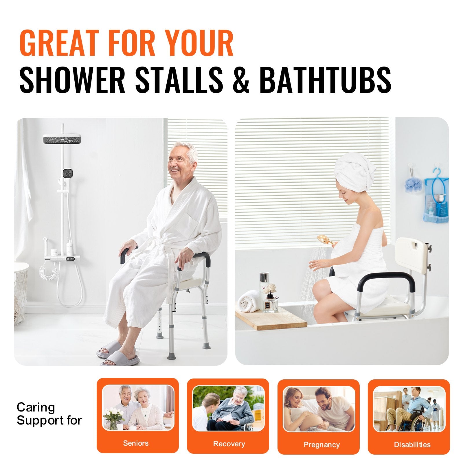 Mobility & Accessibility: VEVOR Shower Chair, Shower Seat with Back, Adjustable Height Shower Stool, Shower Chair for Inside Shower Bathtub, Non-slip Bathroom Bench Bath Chair for Elderly Disabled Handicap, 158.8 kg Capacity