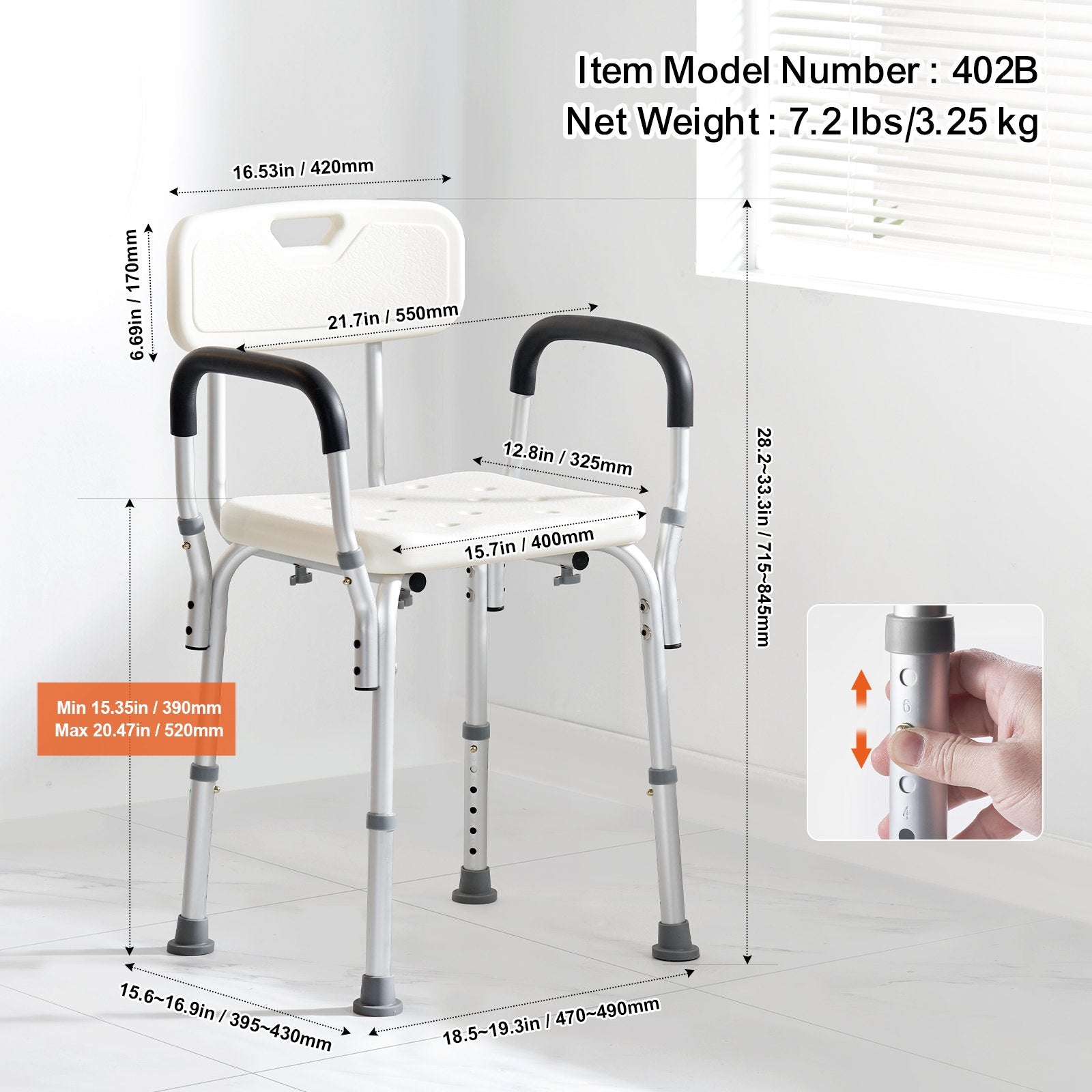 Mobility & Accessibility: VEVOR Shower Chair, Shower Seat with Back, Adjustable Height Shower Stool, Shower Chair for Inside Shower Bathtub, Non-slip Bathroom Bench Bath Chair for Elderly Disabled Handicap, 158.8 kg Capacity