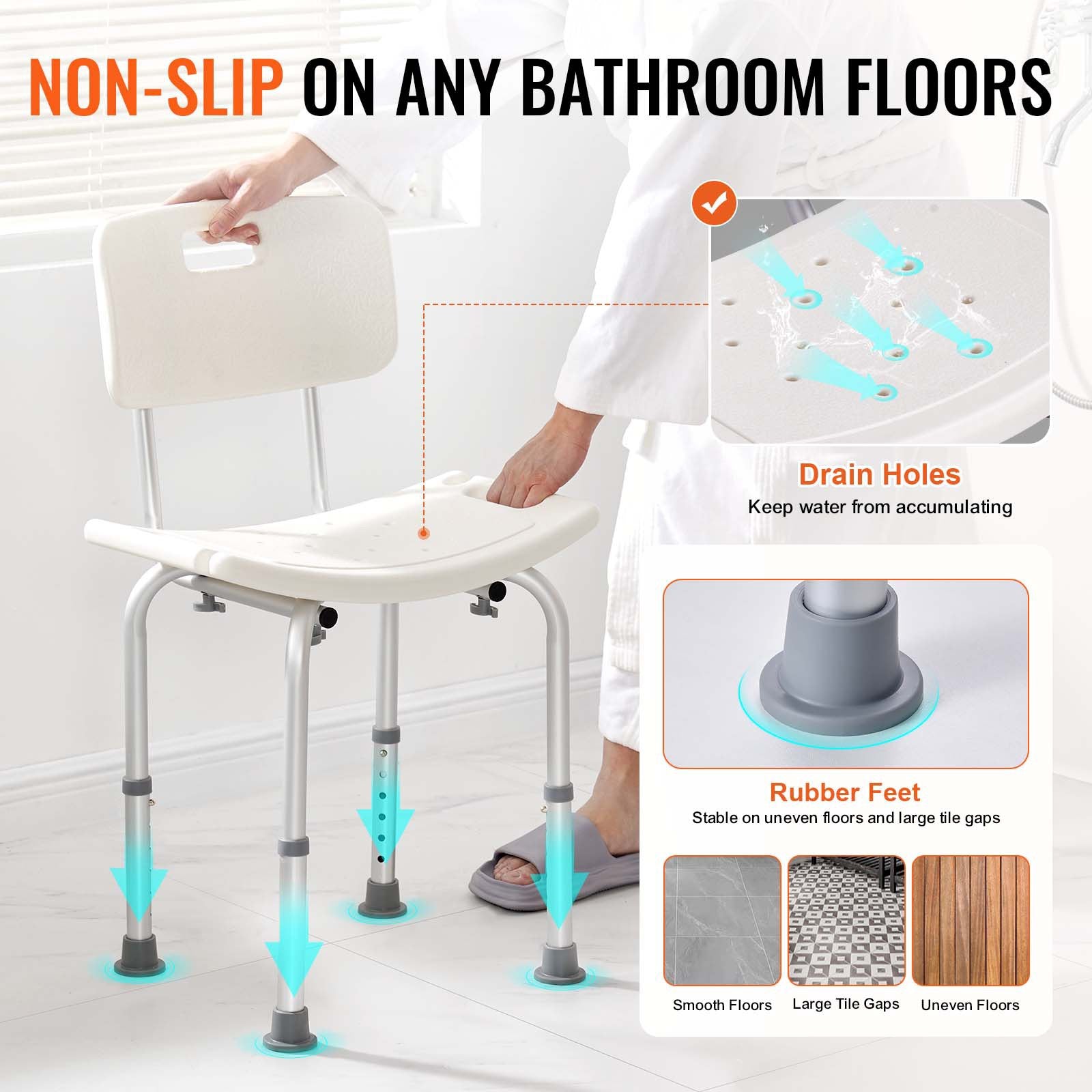 Mobility & Accessibility: VEVOR Shower Chair, Shower Seat with Back, Adjustable Height Shower Stool, Shower Chair for Inside Shower Bathtub, Non-slip Bathroom Bench Bath Chair for Elderly Disabled Handicap, 158.8 kg Capacity
