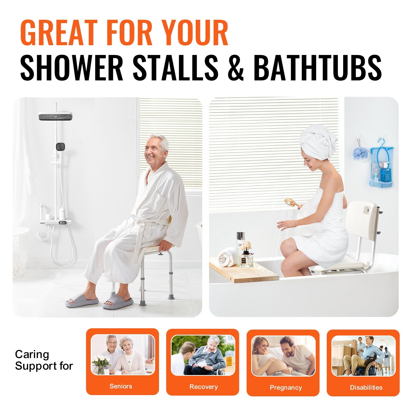 Mobility & Accessibility: VEVOR Shower Chair, Shower Seat with Back, Adjustable Height Shower Stool, Shower Chair for Inside Shower Bathtub, Non-slip Bathroom Bench Bath Chair for Elderly Disabled Handicap, 158.8 kg Capacity