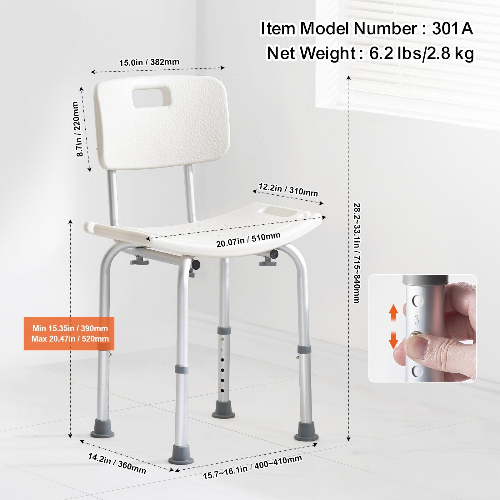Mobility & Accessibility: VEVOR Shower Chair, Shower Seat with Back, Adjustable Height Shower Stool, Shower Chair for Inside Shower Bathtub, Non-slip Bathroom Bench Bath Chair for Elderly Disabled Handicap, 158.8 kg Capacity