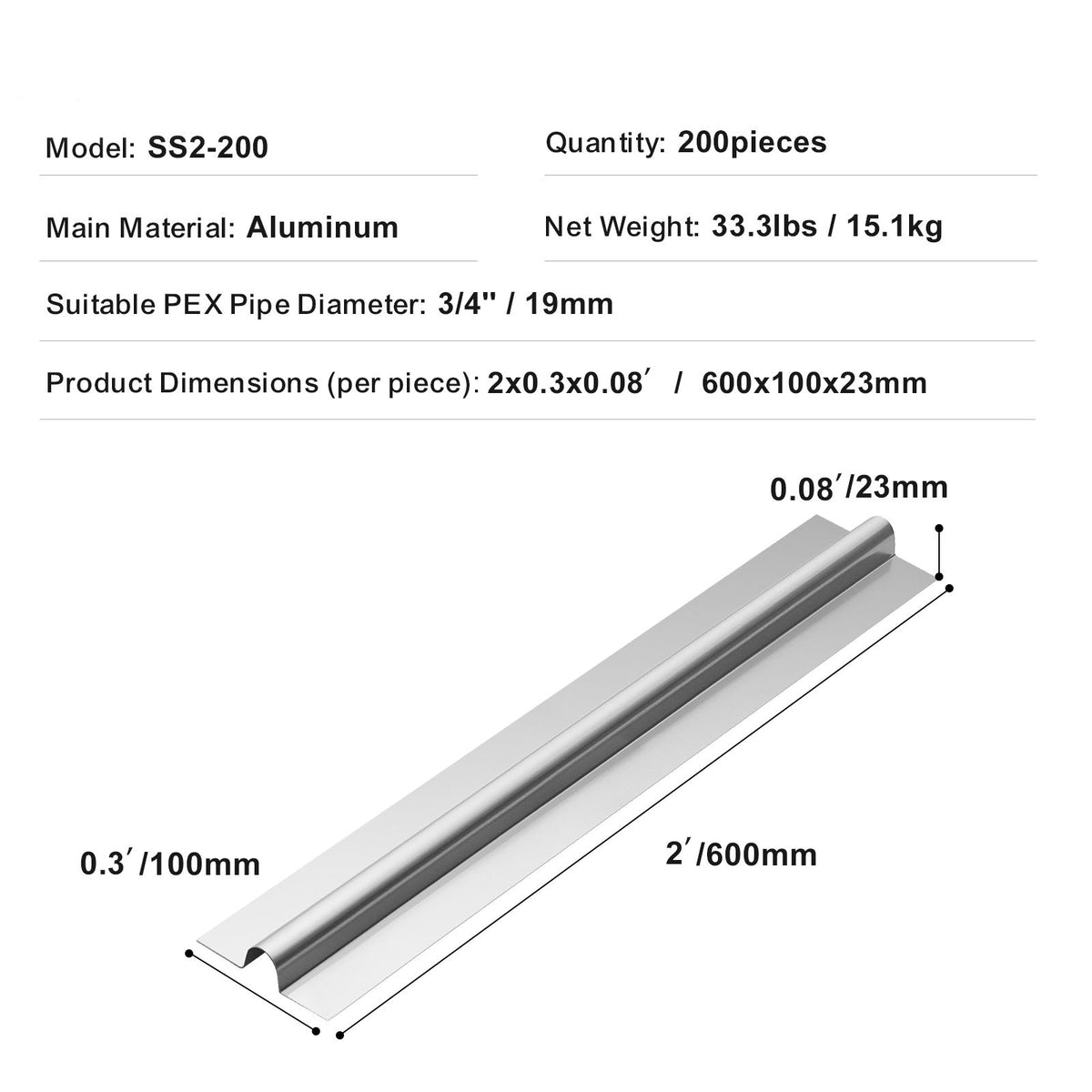 PEX Heat Transfer Plates 0.6m, Radiant Heat Plates for 19mm PEX Pipe, Durable Aluminum & Easy Trimming and Install Underfloor Heat Tubing Plates, Perfect for Wooden Floors (200pcs)