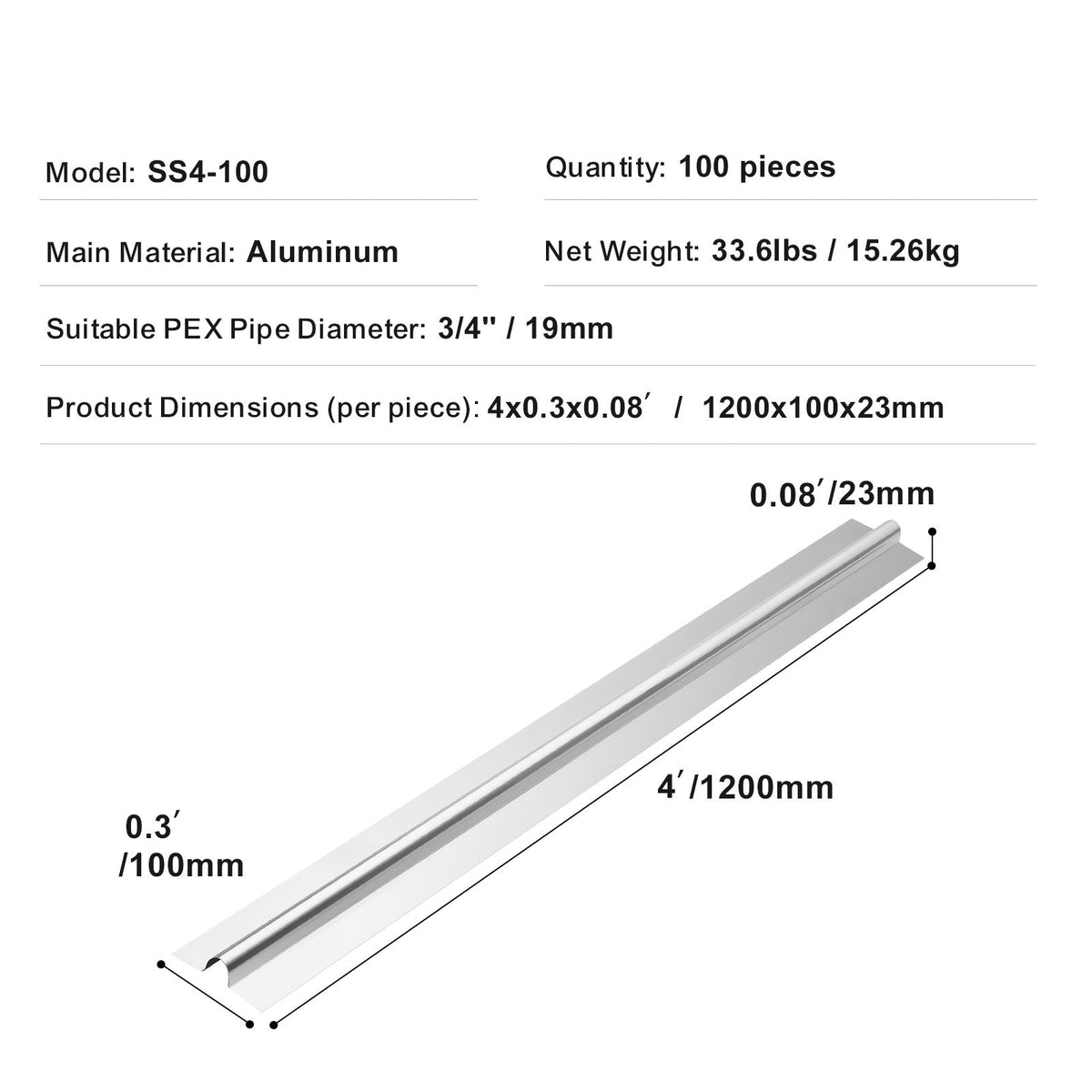 PEX Heat Transfer Plates 1.2m, Radiant Heat Plates for 19mm PEX Pipe, Durable Aluminum & Easy Trimming and Install Underfloor Heat Tubing Plates, Perfect for Wooden Floors (100pcs)