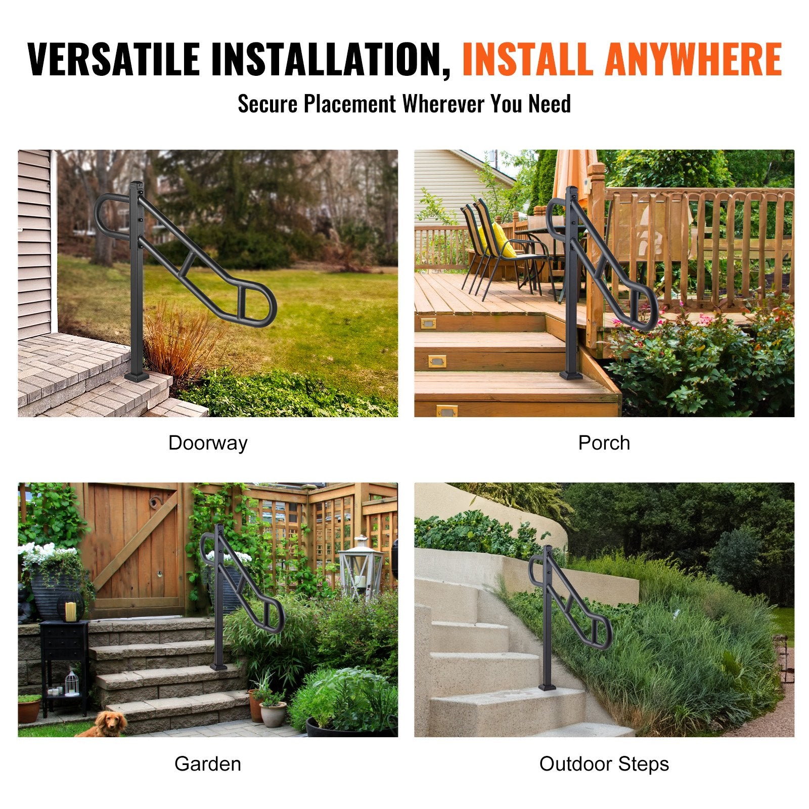 Single Post Handrail for Outdoor 1-3 Steps, 40.5" L x 35.4" H Metal Bent Stair Handrails, Floor Mounted Carbon Steel Stair Railing, U-Shaped Post Grab Rails with 2 Anti-Skid Crossbar for Garage