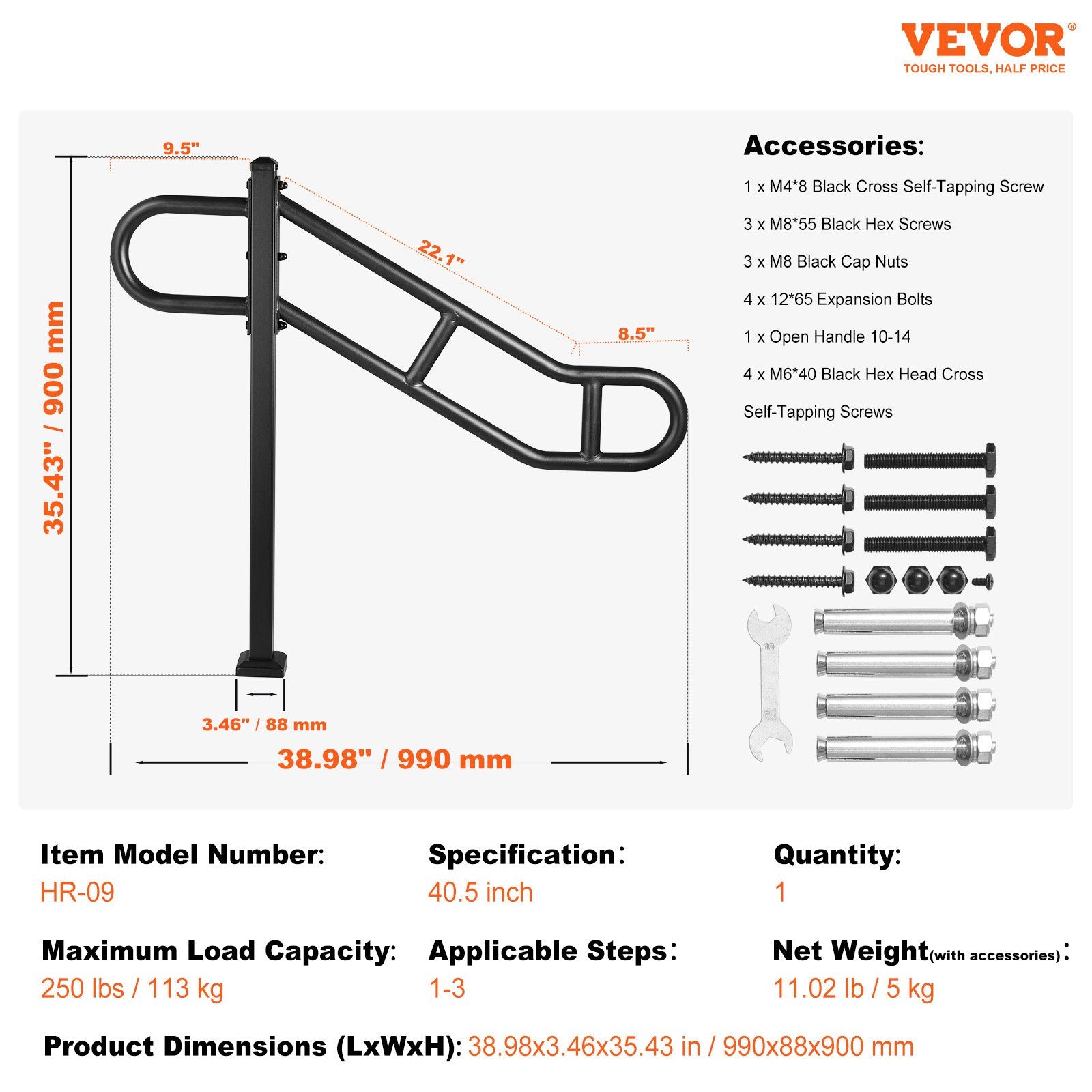 Single Post Handrail for Outdoor 1-3 Steps, 40.5" L x 35.4" H Metal Bent Stair Handrails, Floor Mounted Carbon Steel Stair Railing, U-Shaped Post Grab Rails with 2 Anti-Skid Crossbar for Garage