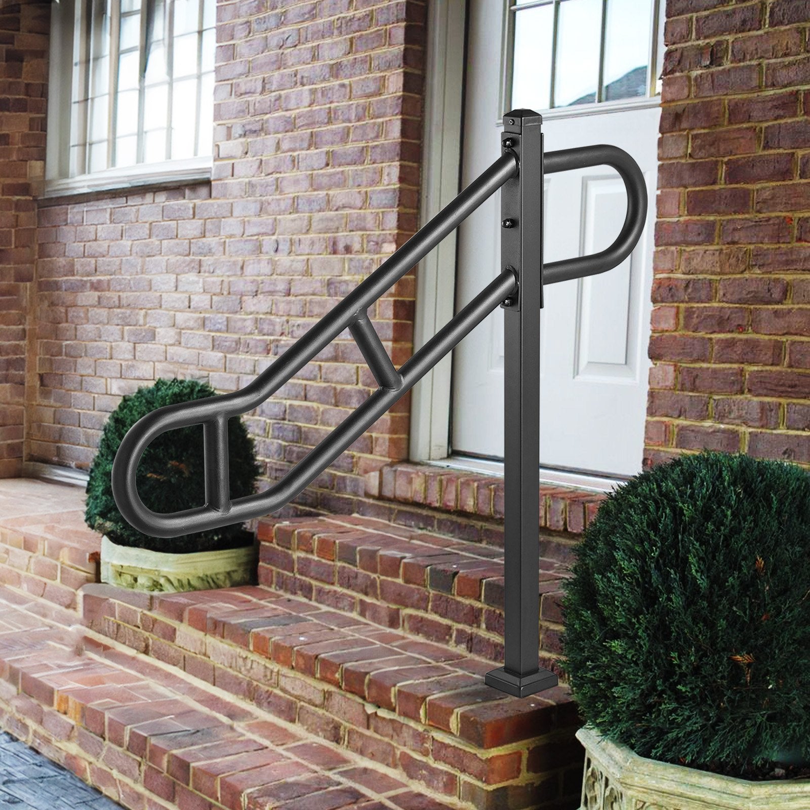 Single Post Handrail for Outdoor 1-3 Steps, 40.5" L x 35.4" H Metal Bent Stair Handrails, Floor Mounted Carbon Steel Stair Railing, U-Shaped Post Grab Rails with 2 Anti-Skid Crossbar for Garage