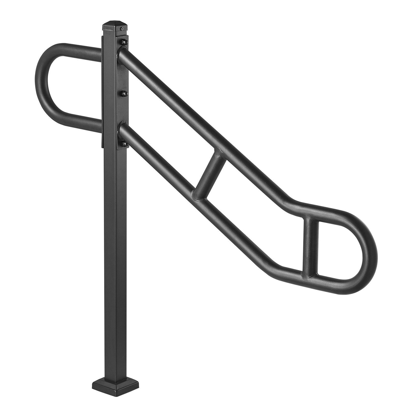 Single Post Handrail for Outdoor 1-3 Steps, 40.5" L x 35.4" H Metal Bent Stair Handrails, Floor Mounted Carbon Steel Stair Railing, U-Shaped Post Grab Rails with 2 Anti-Skid Crossbar for Garage