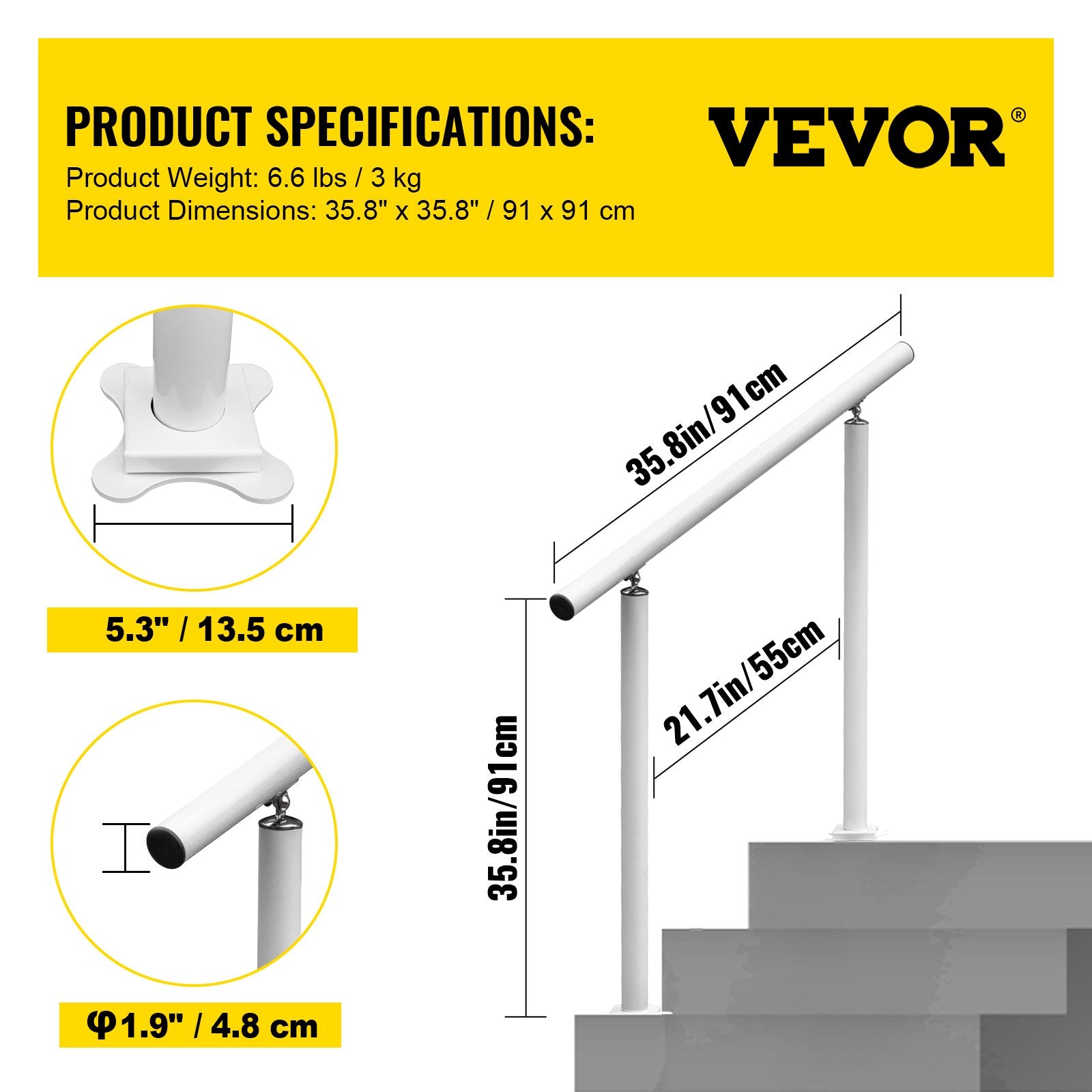 Door Hardware: VEVOR Handrail Outdoor Stairs, 3ft, 34 Inch Outdoor Handrail, Outdoor Stair Railing Adjustable from 0 to 60 Degrees Handrail for Stairs Outdoor White Aluminum Stair Railing for Garden, Office Area