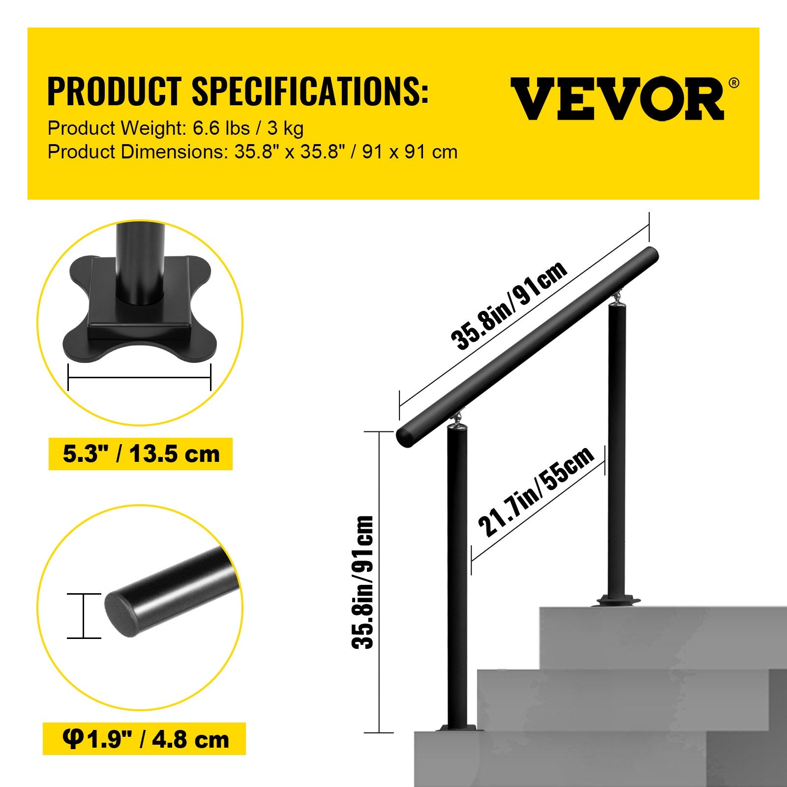 Door Hardware: VEVOR Handrail Outdoor Stairs, 3ft, 34 Inch Outdoor Handrail, Outdoor Stair Railing Adjustable from 0 to 60 Degrees Handrail for Stairs Outdoor Black Aluminum Stair Railing for Garden, Office Area