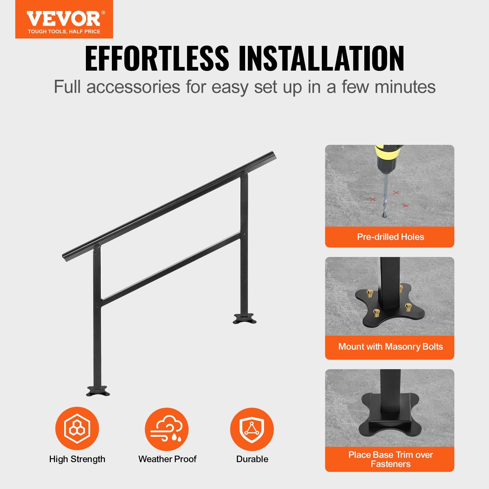 Door Hardware: VEVOR Handrail Outdoor Stairs 47.6 X 35.2 Inch Outdoor Handrail Outdoor Stair Railing Adjustable from 0 to 30 Degrees Handrail for Stairs Outdoor Aluminum Black Stair Railing Fit 3-4 Steps