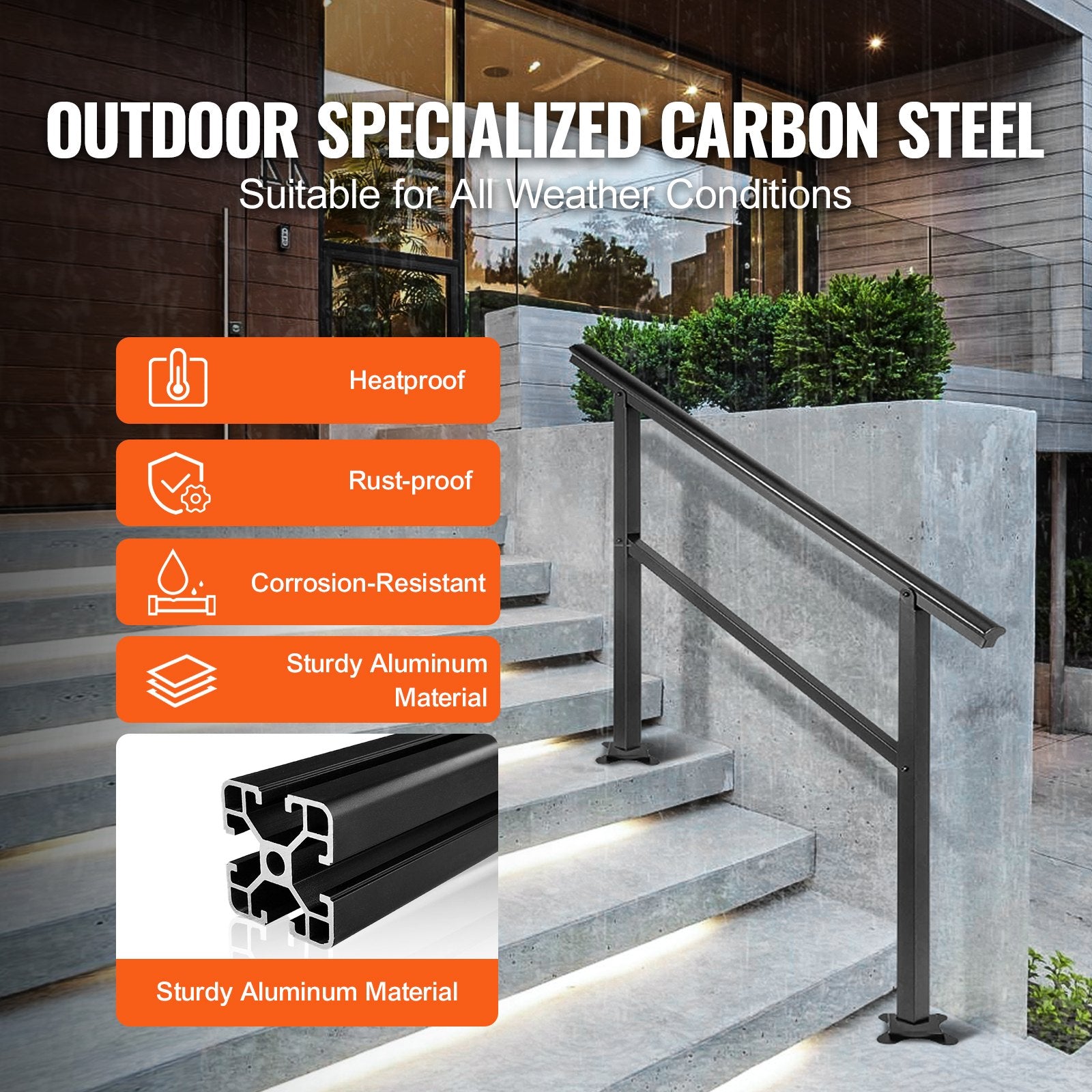 Door Hardware: VEVOR Handrail Outdoor Stairs 47.6 X 35.2 Inch Outdoor Handrail Outdoor Stair Railing Adjustable from 0 to 30 Degrees Handrail for Stairs Outdoor Aluminum Black Stair Railing Fit 3-4 Steps