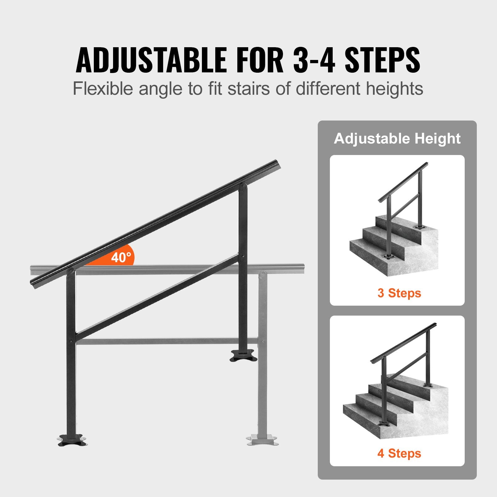 Door Hardware: VEVOR Handrail Outdoor Stairs 47.6 X 35.2 Inch Outdoor Handrail Outdoor Stair Railing Adjustable from 0 to 30 Degrees Handrail for Stairs Outdoor Aluminum Black Stair Railing Fit 3-4 Steps