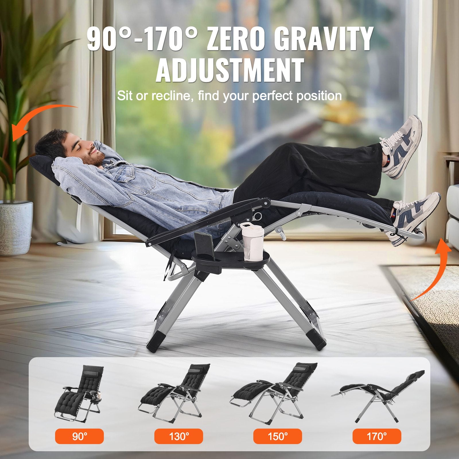 Filing & Organisation: VEVOR Zero Gravity Chair, 26 inch Zero Gravity Recliner Lounge Chair for Indoor and Outdoor, Adjustable Anti Gravity Chair with Cushion, Headrest, Footrest, and Cupholder, 500 lbs, Black