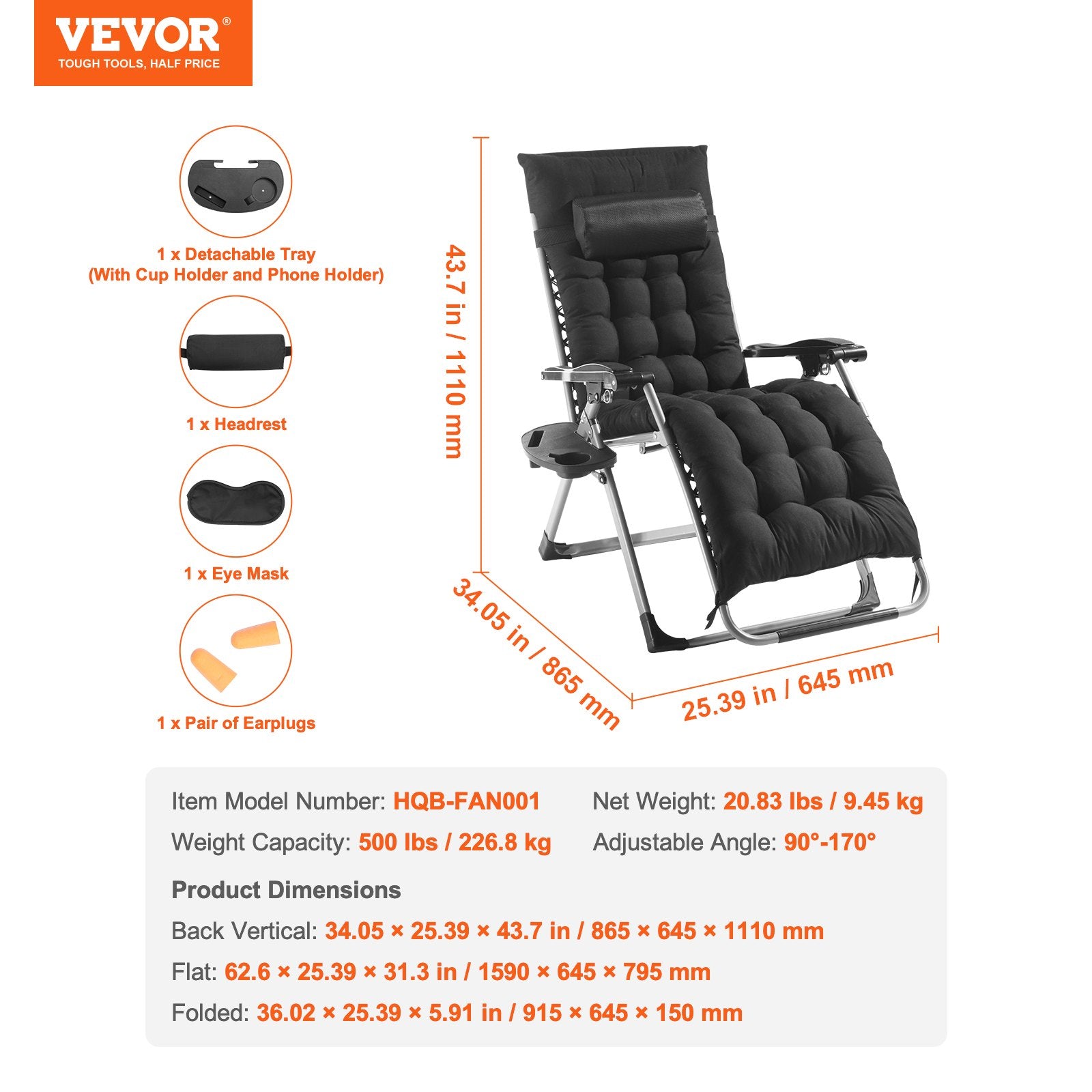Filing & Organisation: VEVOR Zero Gravity Chair, 26 inch Zero Gravity Recliner Lounge Chair for Indoor and Outdoor, Adjustable Anti Gravity Chair with Cushion, Headrest, Footrest, and Cupholder, 500 lbs, Black