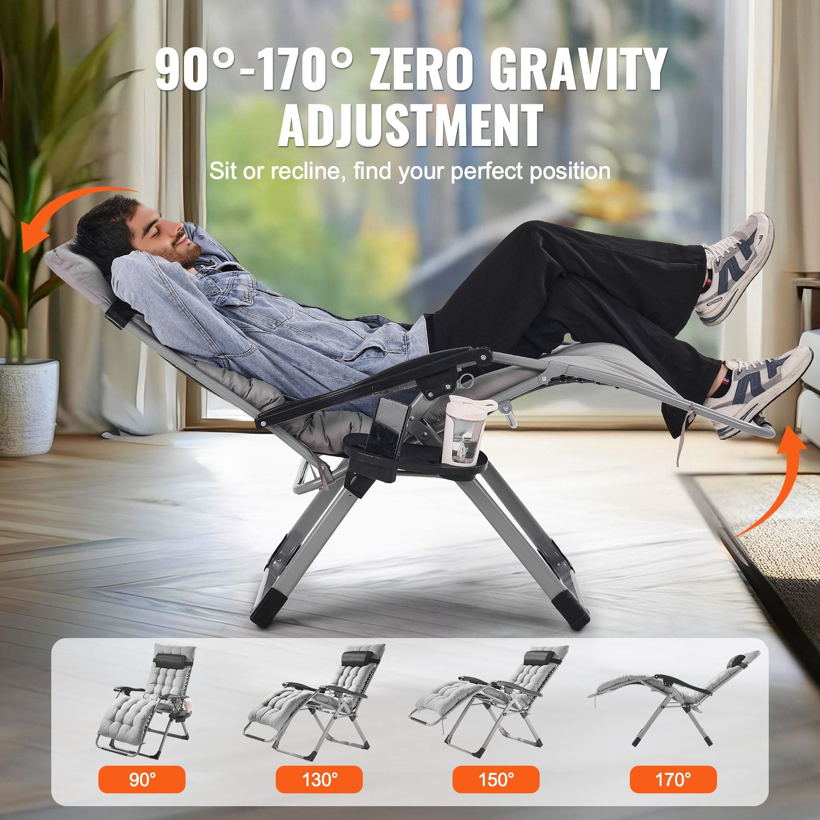Automotive Parts: VEVOR Zero Gravity Chair, 26 inch Zero Gravity Recliner Lounge Chair for Indoor and Outdoor, Adjustable Anti Gravity Chair with Cushion, Headrest, Footrest, and Cupholder, 500 lbs, Gray