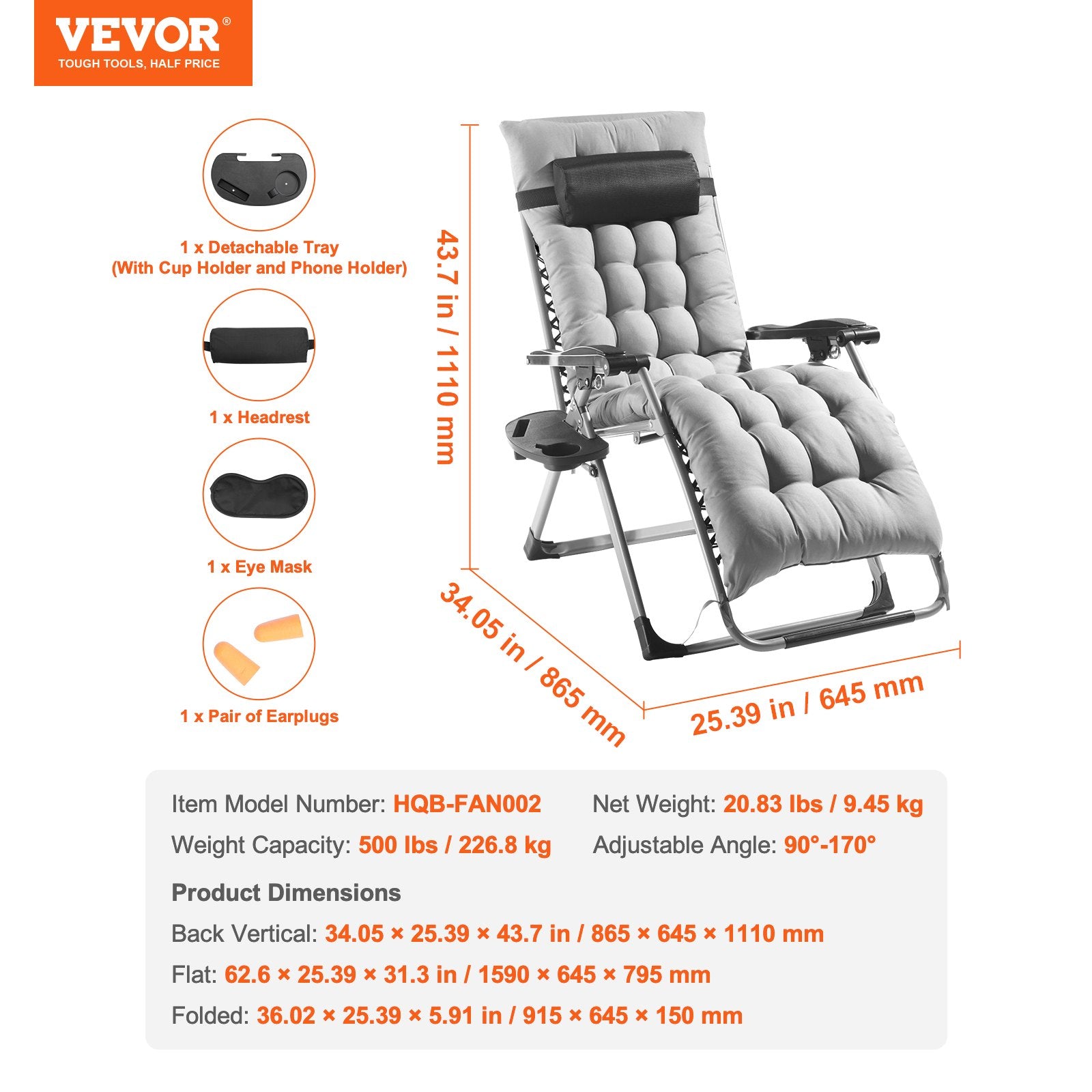 Automotive Parts: VEVOR Zero Gravity Chair, 26 inch Zero Gravity Recliner Lounge Chair for Indoor and Outdoor, Adjustable Anti Gravity Chair with Cushion, Headrest, Footrest, and Cupholder, 500 lbs, Gray