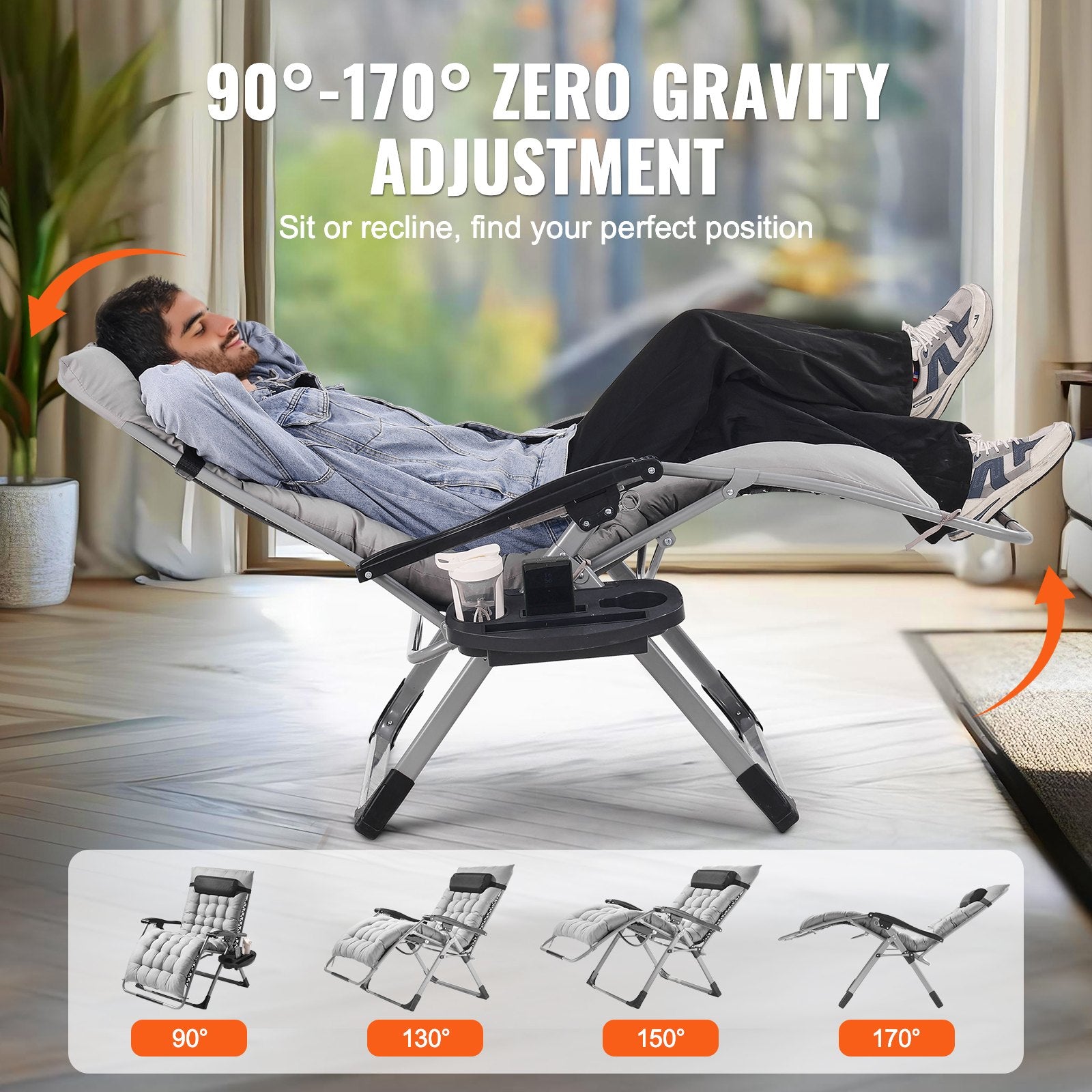 Filing & Organisation: VEVOR Zero Gravity Chair, 33 inch Zero Gravity Recliner Lounge Chair for Indoor and Outdoor, Adjustable Anti Gravity Chair with Cushion, Headrest, Footrest, and Cupholder, 500 lbs, Gray
