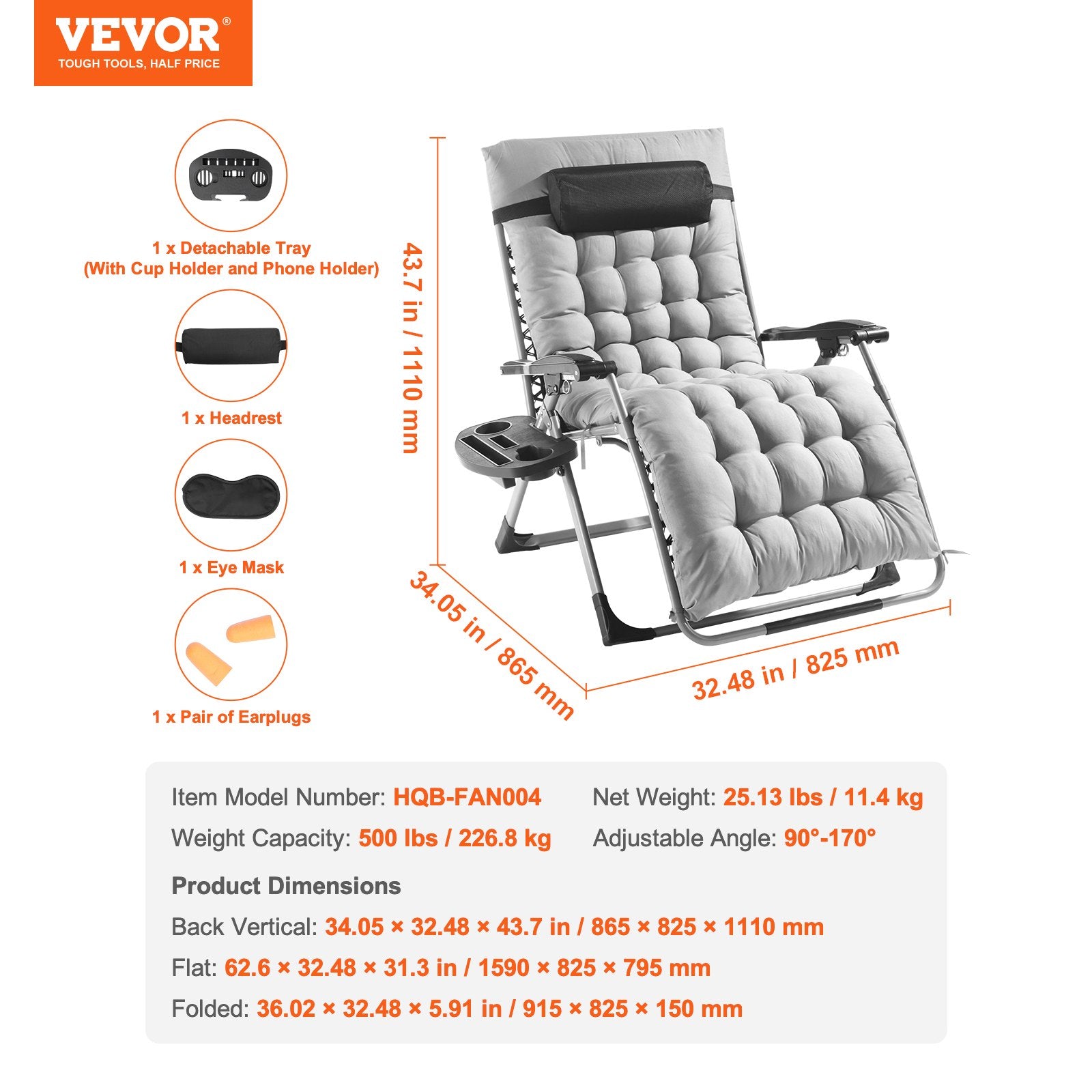 Filing & Organisation: VEVOR Zero Gravity Chair, 33 inch Zero Gravity Recliner Lounge Chair for Indoor and Outdoor, Adjustable Anti Gravity Chair with Cushion, Headrest, Footrest, and Cupholder, 500 lbs, Gray