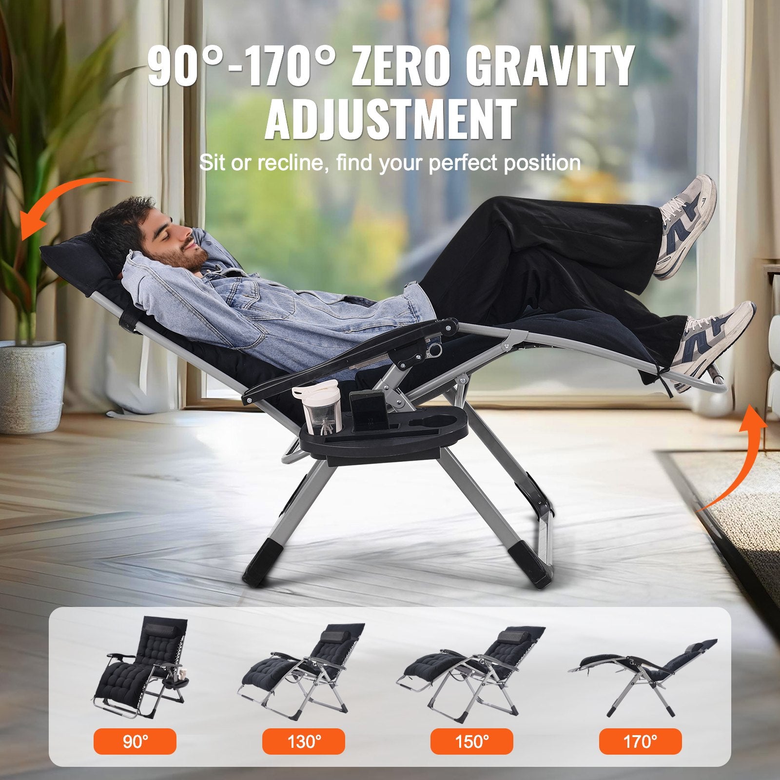Filing & Organisation: VEVOR Zero Gravity Chair, 33 inch Zero Gravity Recliner Lounge Chair for Indoor and Outdoor, Adjustable Anti Gravity Chair with Cushion, Headrest, Footrest, and Cupholder, 500 lbs, Black