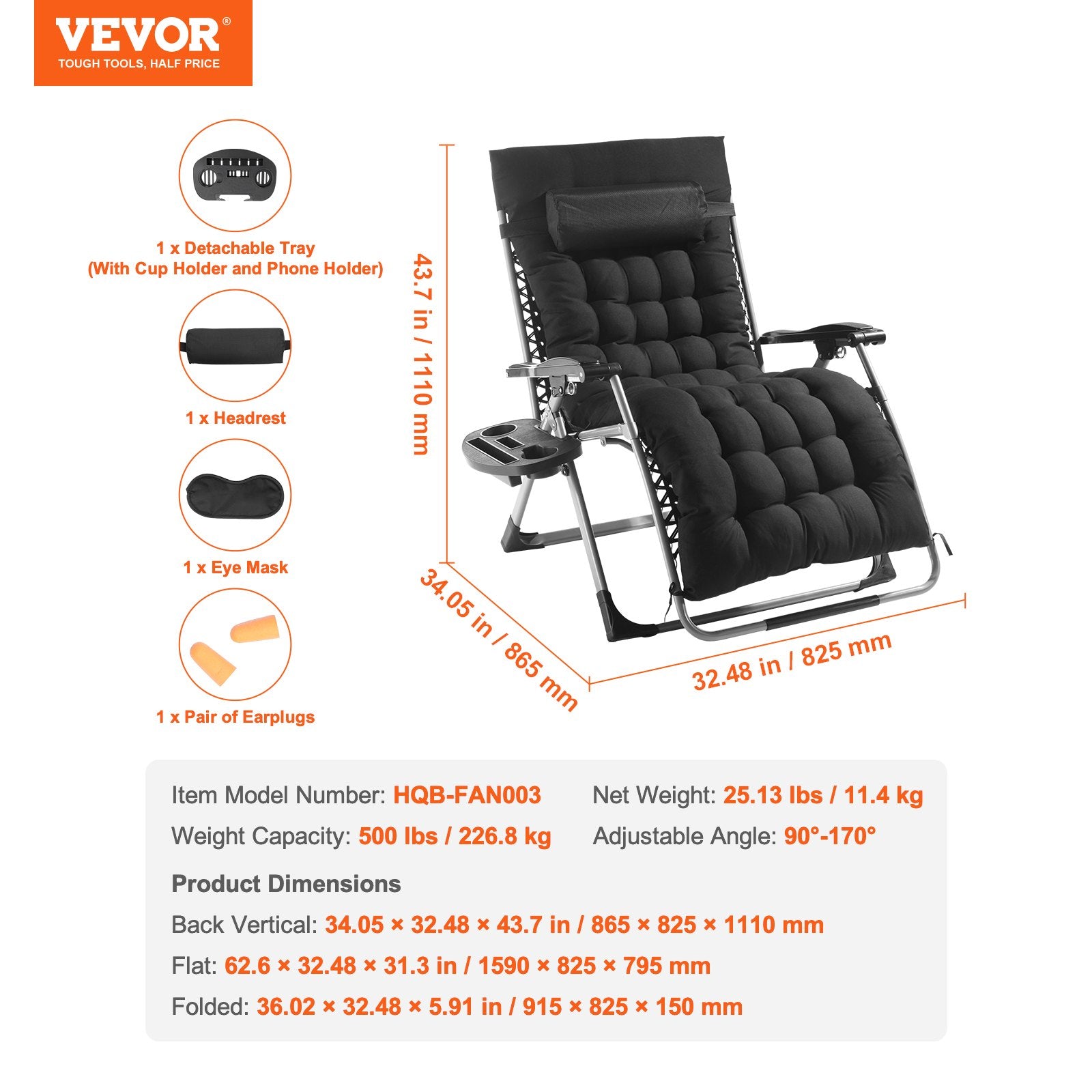Filing & Organisation: VEVOR Zero Gravity Chair, 33 inch Zero Gravity Recliner Lounge Chair for Indoor and Outdoor, Adjustable Anti Gravity Chair with Cushion, Headrest, Footrest, and Cupholder, 500 lbs, Black