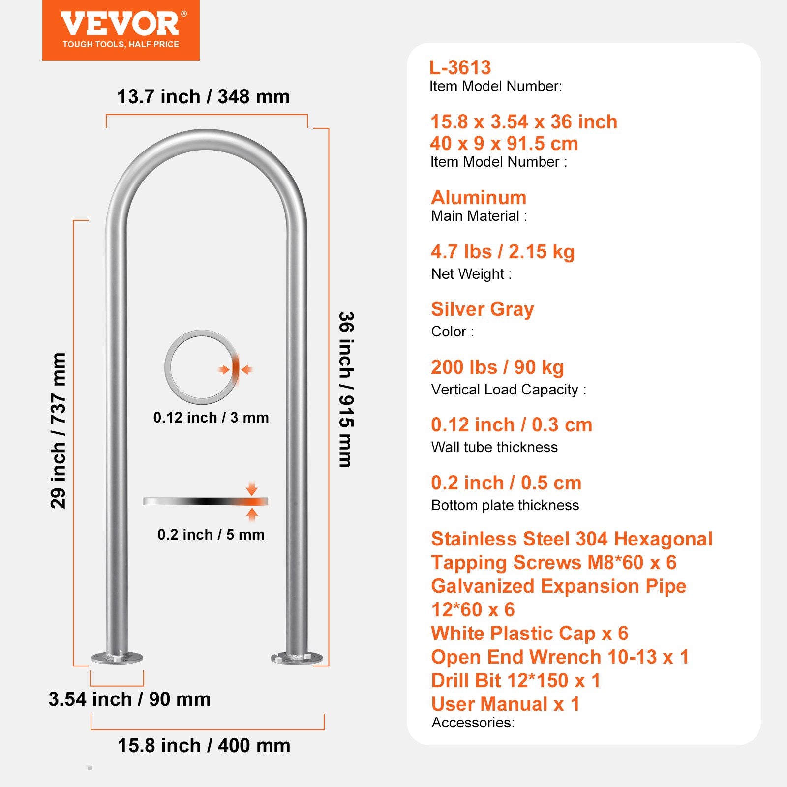 Swimming Pools: VEVOR Pool Handrail,36 x 13 inch Pool Railing, Aluminum with Base Plate for Indoor/Outdoor Pools, Humanized Swimming Pool Safety Railing for Decks, Rust-Proof Grab Bar with Accessories for Spas Docks