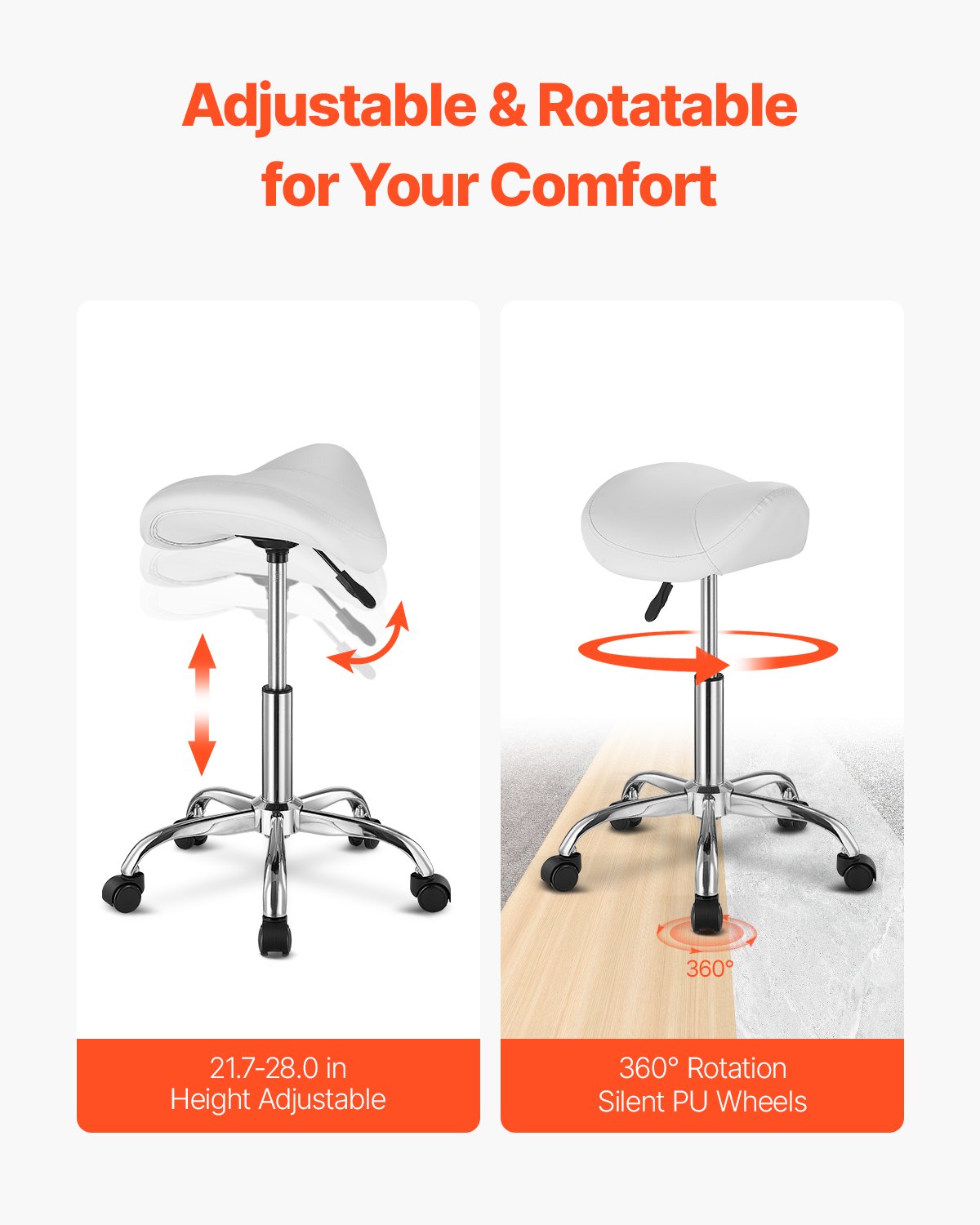 Office & Desk Chairs: VEVOR Saddle Rolling Stool, PU Leather Rolling Stool with Wheels, 360° Swivel Drafting Stool with Thickened Cushion, Height Adjustable Rolling Work SPA Stool, for Office, Home, Salon & Bar, White