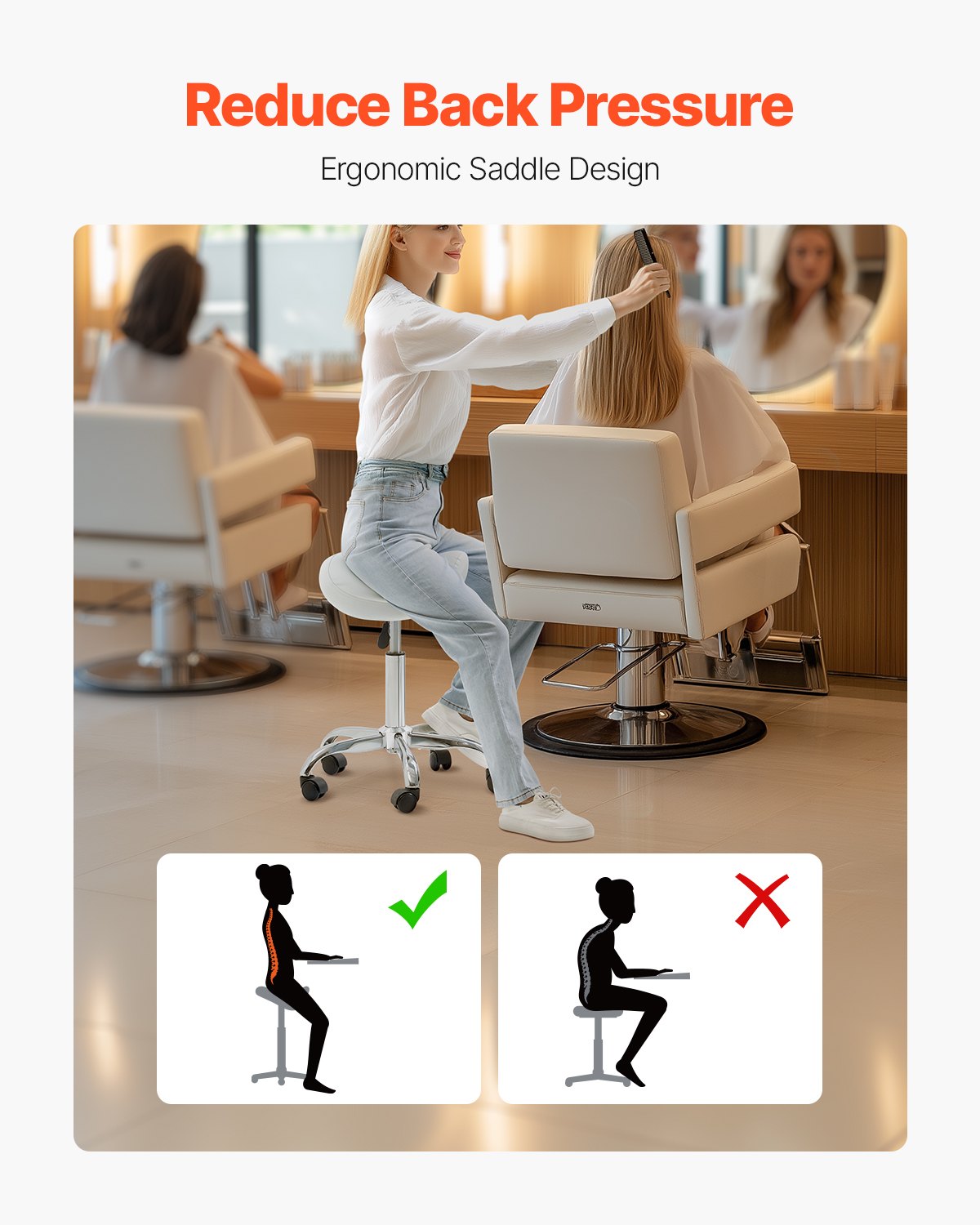 Office & Desk Chairs: VEVOR Saddle Rolling Stool, PU Leather Rolling Stool with Wheels, 360° Swivel Drafting Stool with Thickened Cushion, Height Adjustable Rolling Work SPA Stool, for Office, Home, Salon & Bar, White