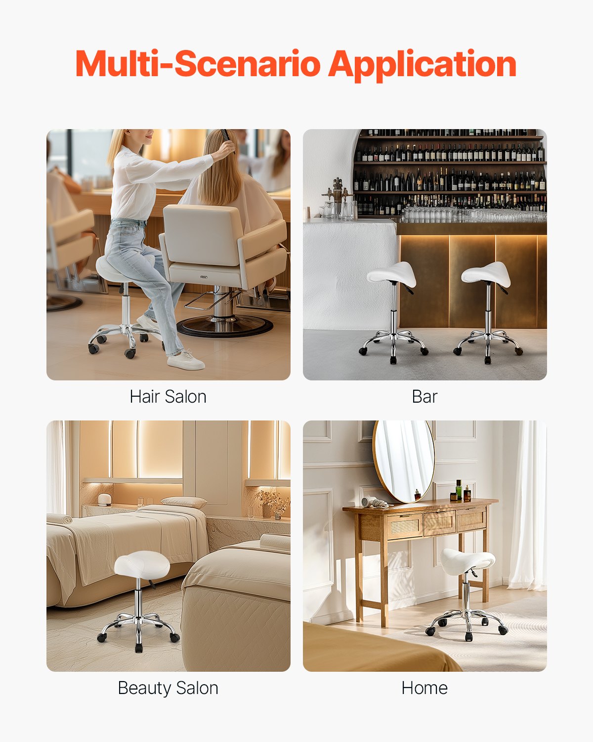 Office & Desk Chairs: VEVOR Saddle Rolling Stool, PU Leather Rolling Stool with Wheels, 360° Swivel Drafting Stool with Thickened Cushion, Height Adjustable Rolling Work SPA Stool, for Office, Home, Salon & Bar, White