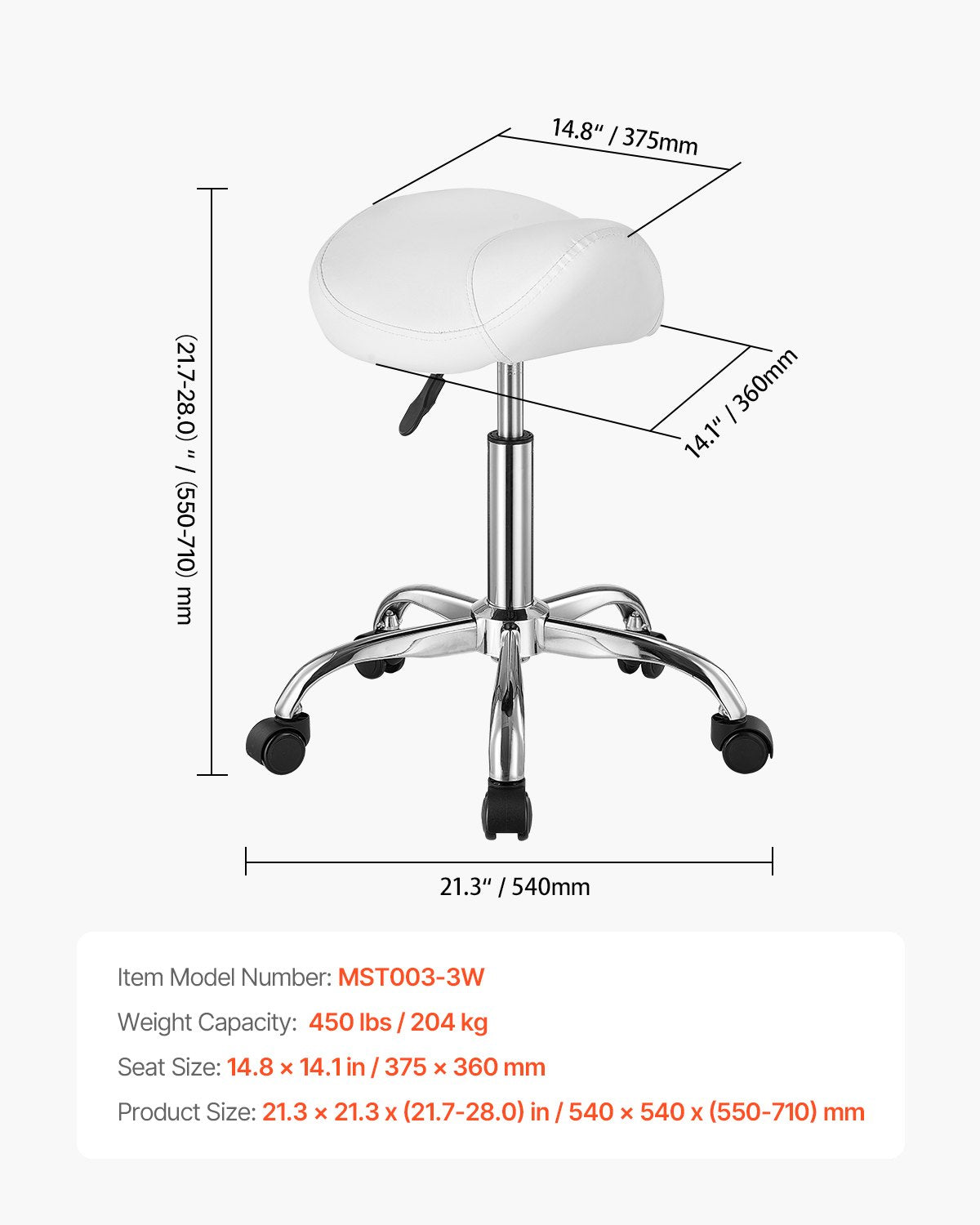 Office & Desk Chairs: VEVOR Saddle Rolling Stool, PU Leather Rolling Stool with Wheels, 360° Swivel Drafting Stool with Thickened Cushion, Height Adjustable Rolling Work SPA Stool, for Office, Home, Salon & Bar, White