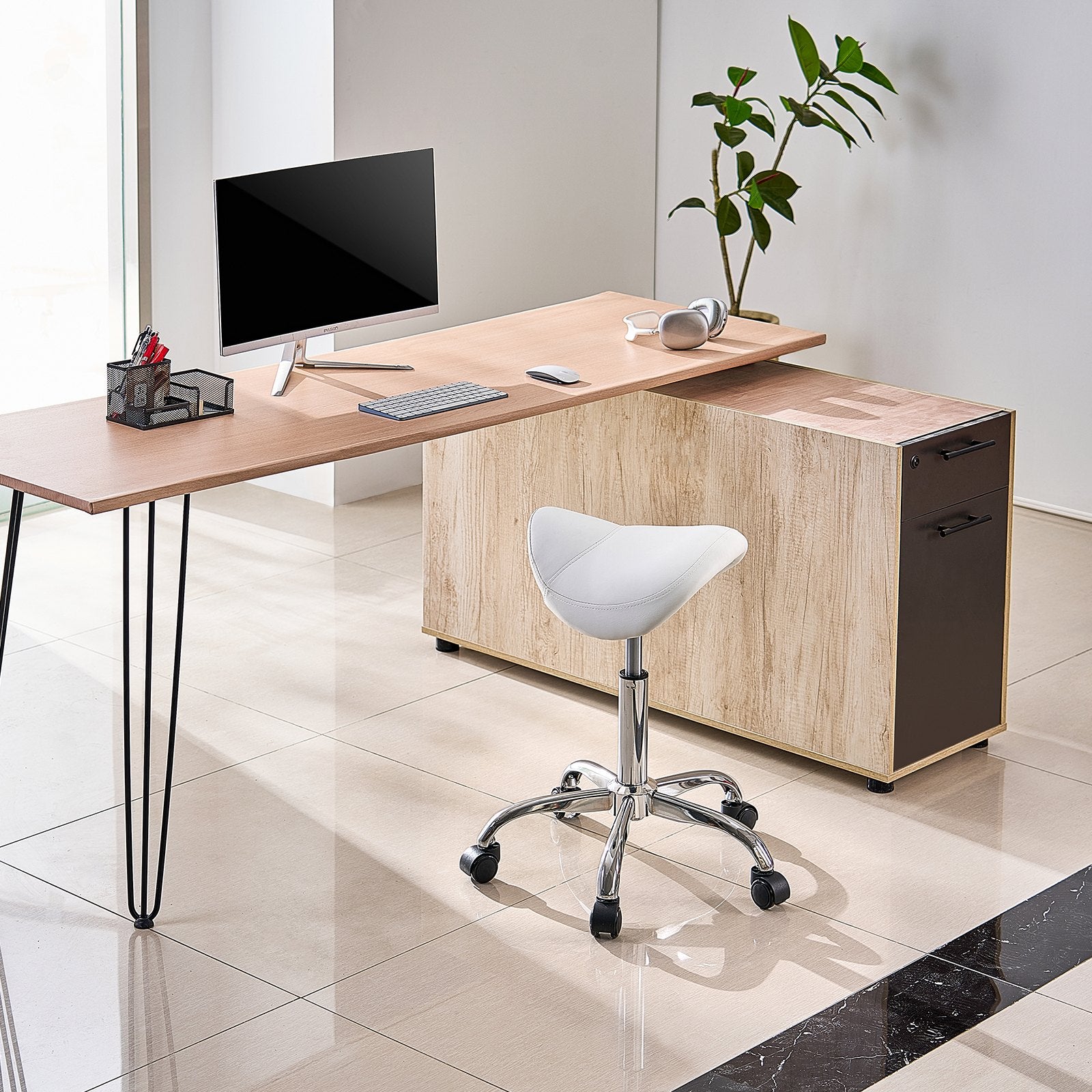 Office & Desk Chairs: VEVOR Saddle Rolling Stool, PU Leather Rolling Stool with Wheels, 360° Swivel Drafting Stool with Thickened Cushion, Height Adjustable Rolling Work SPA Stool, for Office, Home, Salon & Bar, White