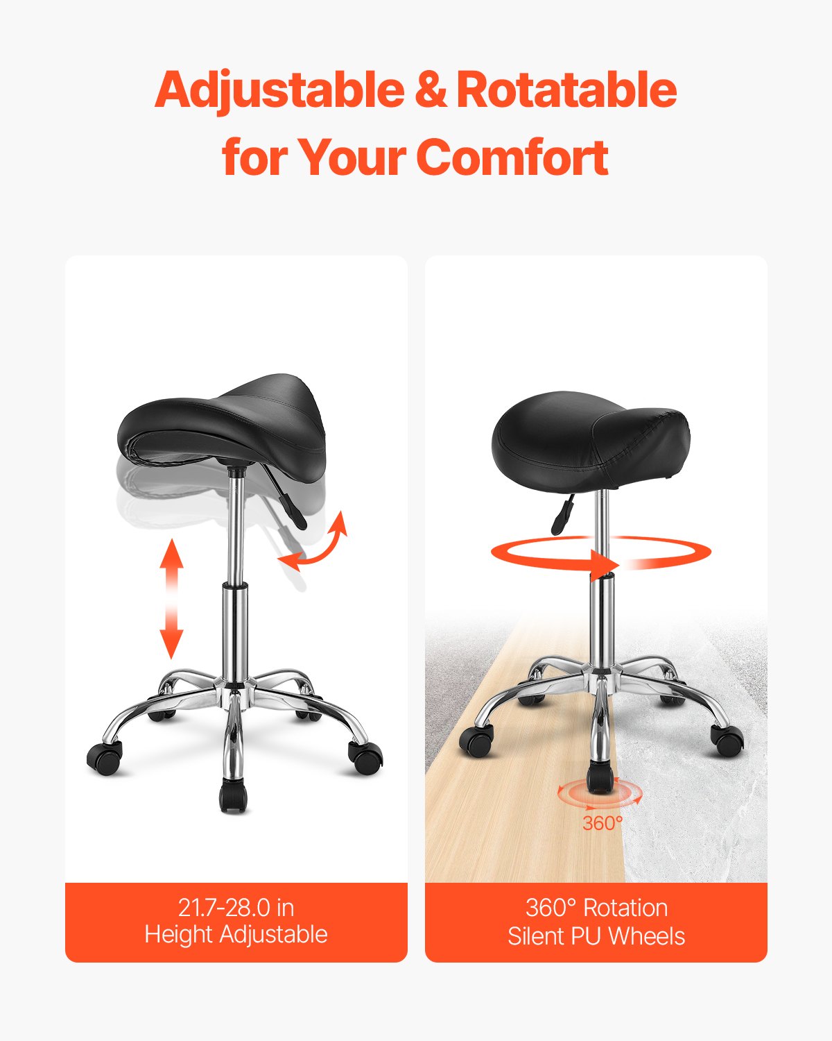 Office & Desk Chairs: VEVOR Saddle Rolling Stool, PU Leather Rolling Stool with Wheels, 360° Swivel Drafting Stool with Thickened Cushion, Height Adjustable Rolling Work SPA Stool, for Office, Home, Salon & Bar, Black
