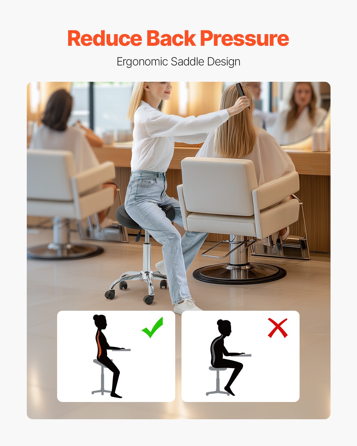 Office & Desk Chairs: VEVOR Saddle Rolling Stool, PU Leather Rolling Stool with Wheels, 360° Swivel Drafting Stool with Thickened Cushion, Height Adjustable Rolling Work SPA Stool, for Office, Home, Salon & Bar, Black