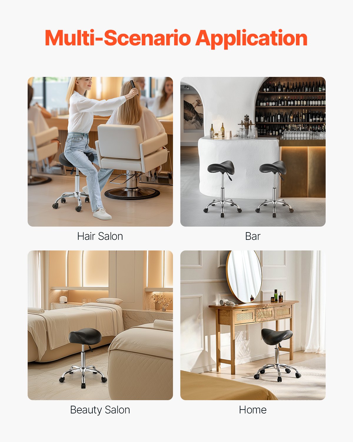 Office & Desk Chairs: VEVOR Saddle Rolling Stool, PU Leather Rolling Stool with Wheels, 360° Swivel Drafting Stool with Thickened Cushion, Height Adjustable Rolling Work SPA Stool, for Office, Home, Salon & Bar, Black
