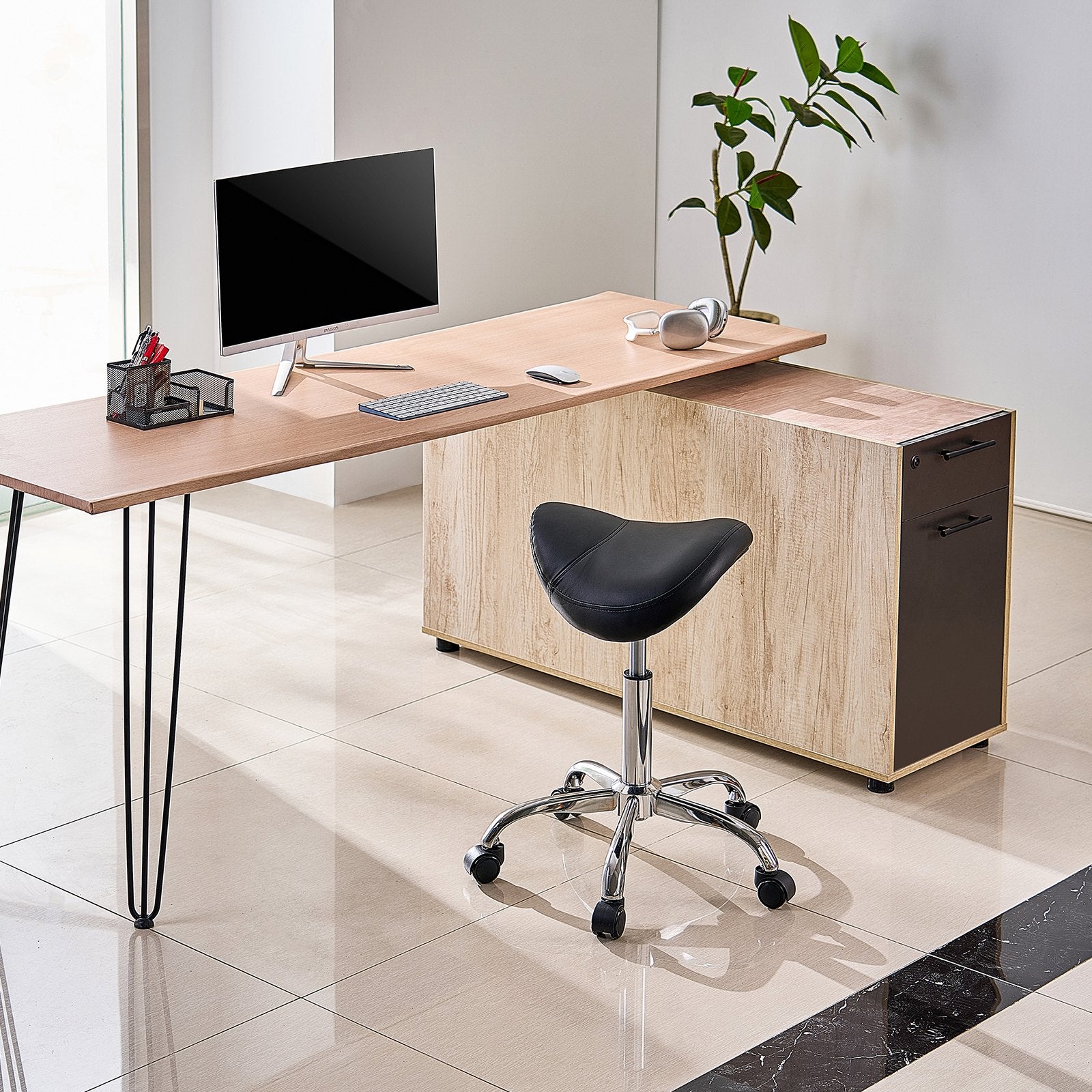 Office & Desk Chairs: VEVOR Saddle Rolling Stool, PU Leather Rolling Stool with Wheels, 360° Swivel Drafting Stool with Thickened Cushion, Height Adjustable Rolling Work SPA Stool, for Office, Home, Salon & Bar, Black