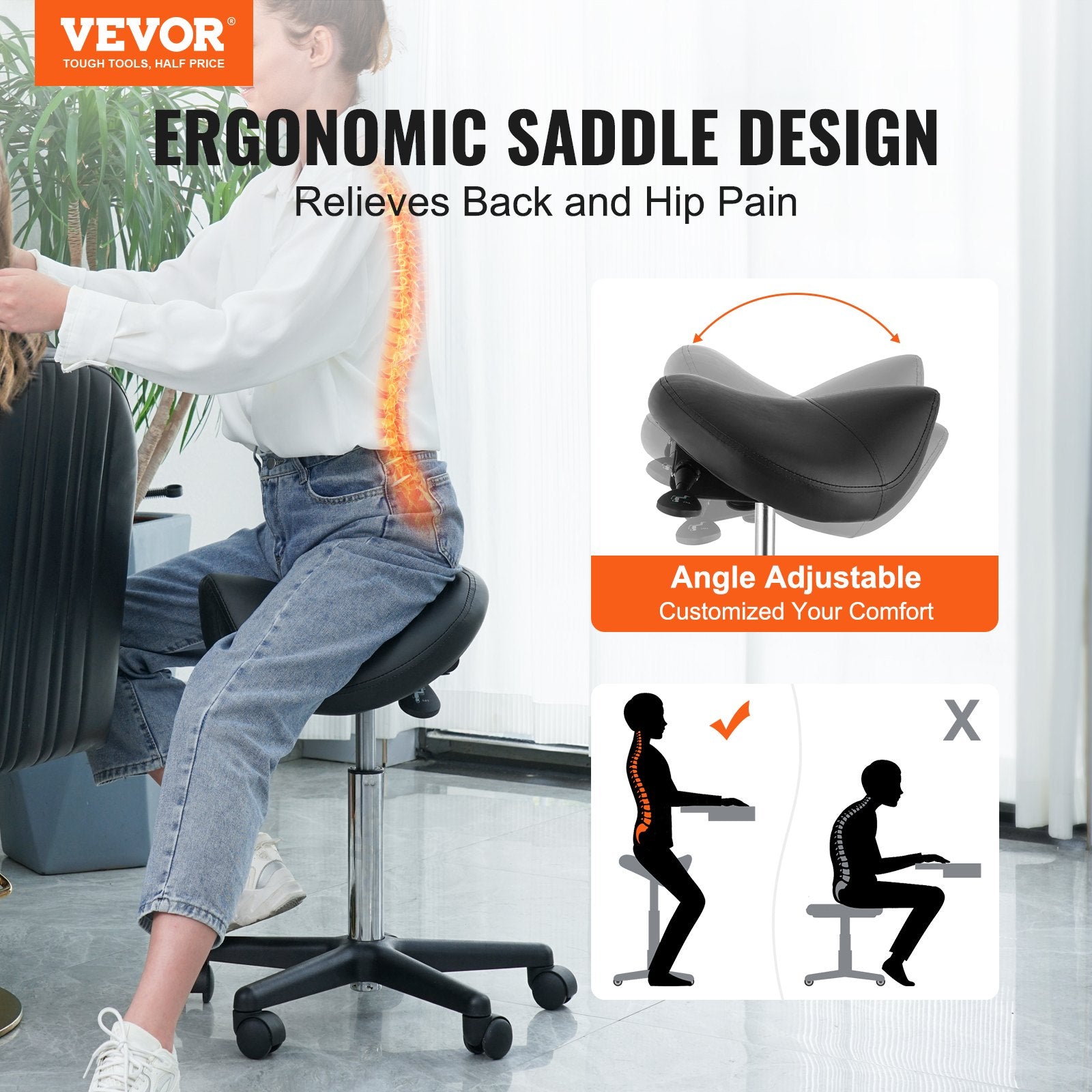 Mobility & Accessibility: VEVOR Saddle Stool with Wheels, 400 LBS Weight Capacity Ergonomic Rolling Saddle Stool, Height Adjustable Thickened PU Leather Swivel Saddle Stools Chair for Salon, Spa, Tattoo, Clinic, Black