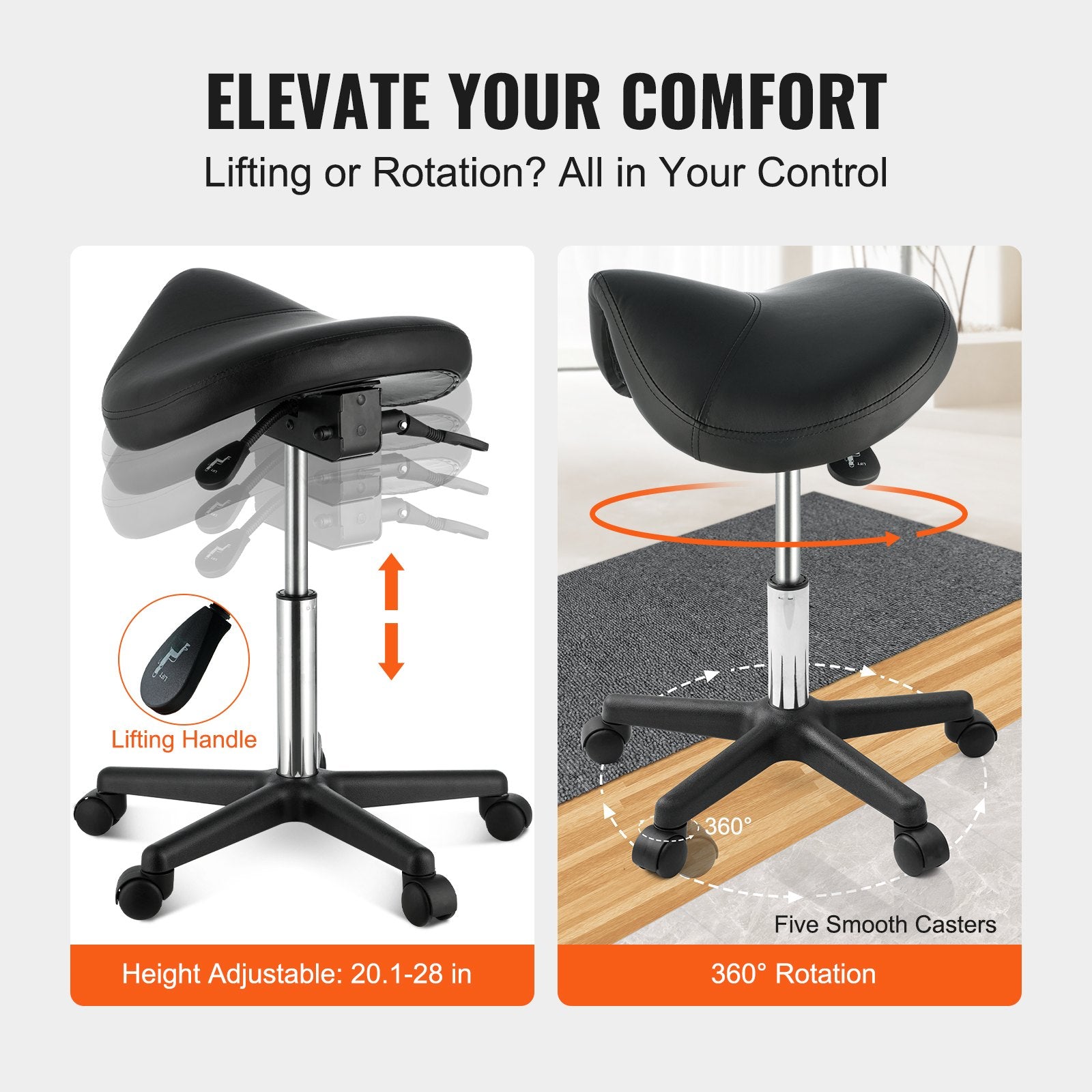 Mobility & Accessibility: VEVOR Saddle Stool with Wheels, 400 LBS Weight Capacity Ergonomic Rolling Saddle Stool, Height Adjustable Thickened PU Leather Swivel Saddle Stools Chair for Salon, Spa, Tattoo, Clinic, Black