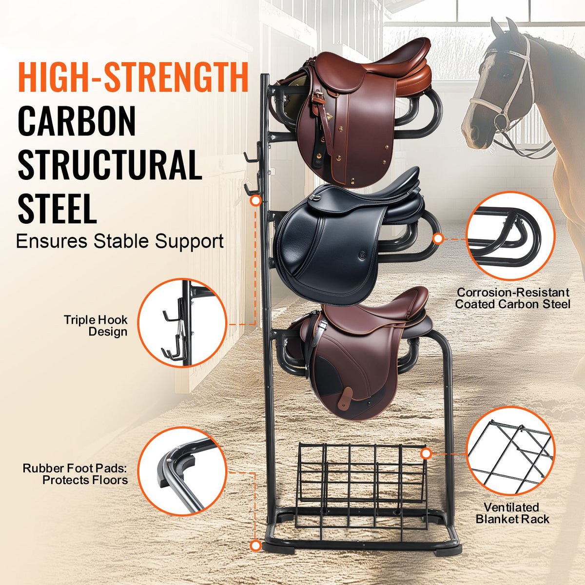 Freestanding Saddle Stand, 30 x 30 x 68.5 in, 3 Tiers Saddle Rack, Heavy Duty Saddle Blanket Holder with Removable & Rotating Tiers, English & Western Saddle Rack for Tack Room Organization