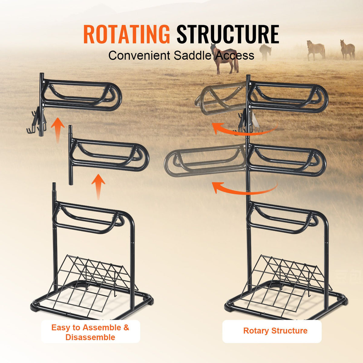 Freestanding Saddle Stand, 30 x 30 x 68.5 in, 3 Tiers Saddle Rack, Heavy Duty Saddle Blanket Holder with Removable & Rotating Tiers, English & Western Saddle Rack for Tack Room Organization