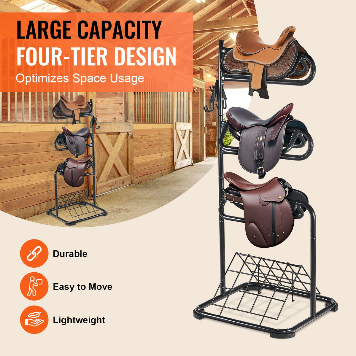 Freestanding Saddle Stand, 30 x 30 x 68.5 in, 3 Tiers Saddle Rack, Heavy Duty Saddle Blanket Holder with Removable & Rotating Tiers, English & Western Saddle Rack for Tack Room Organization
