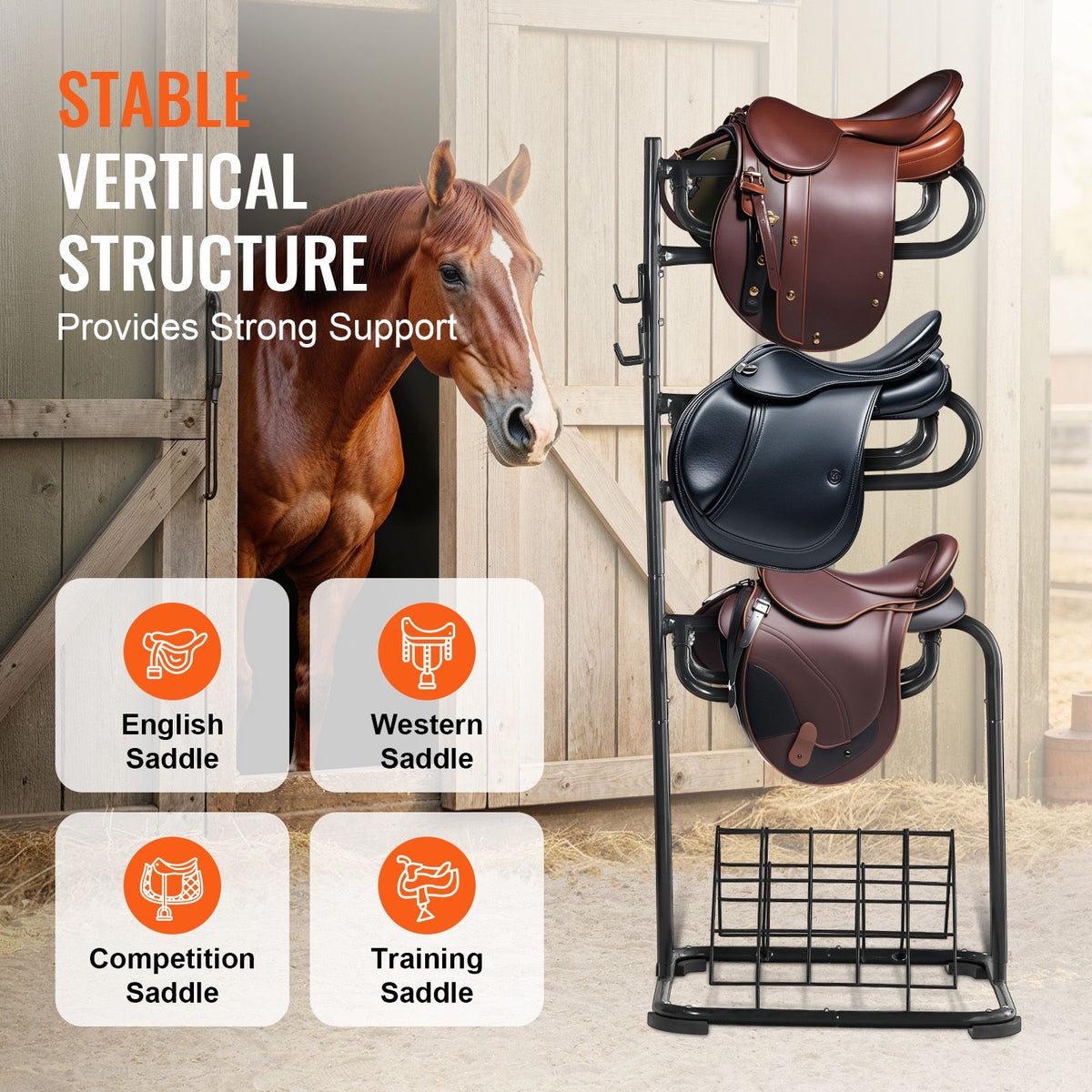 Freestanding Saddle Stand, 30 x 30 x 68.5 in, 3 Tiers Saddle Rack, Heavy Duty Saddle Blanket Holder with Removable & Rotating Tiers, English & Western Saddle Rack for Tack Room Organization