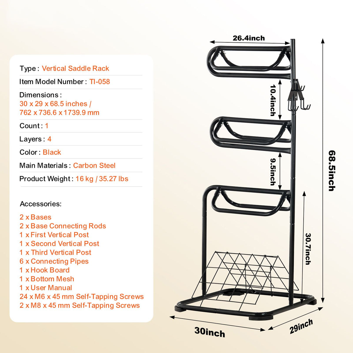 Freestanding Saddle Stand, 30 x 30 x 68.5 in, 3 Tiers Saddle Rack, Heavy Duty Saddle Blanket Holder with Removable & Rotating Tiers, English & Western Saddle Rack for Tack Room Organization