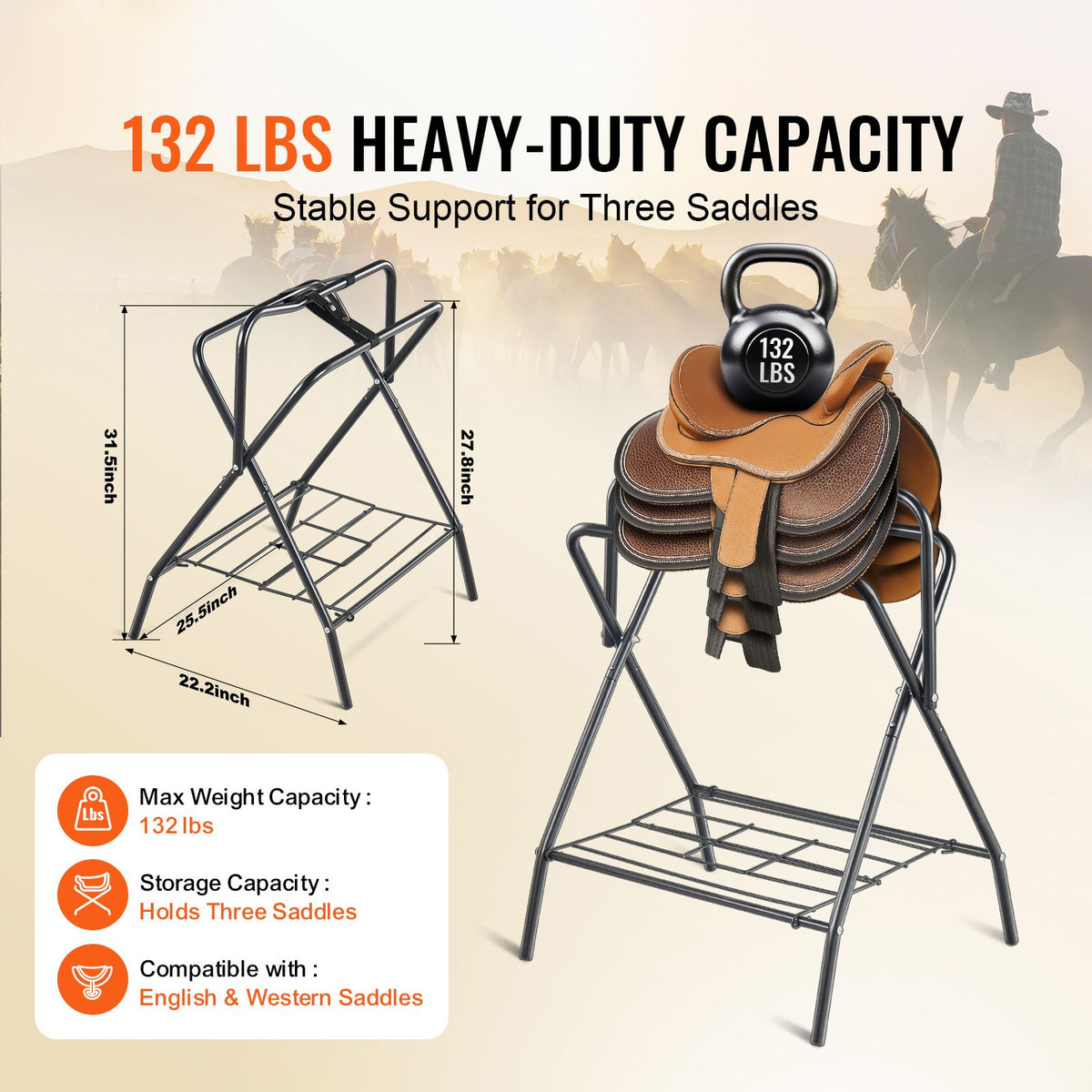 Folding Saddle Rack, 28 x 19 x 37.5 in, 2 Packs Freestanding Horse Saddle Stand, Portable Horse Blanket Holder, Heavy Duty Steel Saddle Rack for English & Western Saddles, Tack Storage, Black