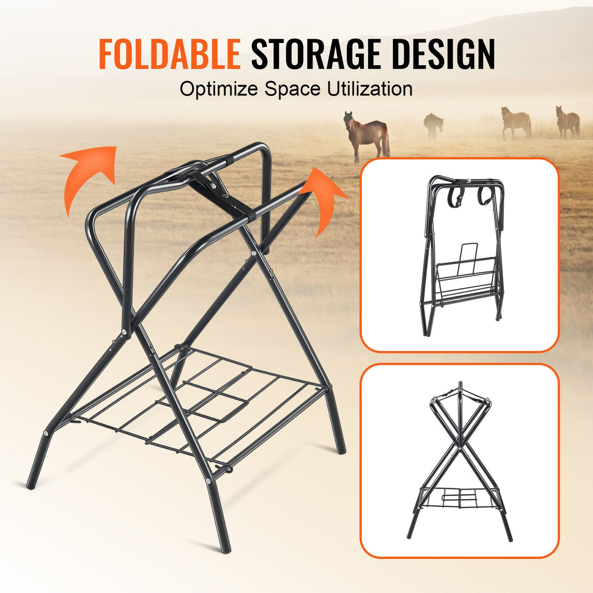 Folding Saddle Rack, 28 x 19 x 37.5 in, 2 Packs Freestanding Horse Saddle Stand, Portable Horse Blanket Holder, Heavy Duty Steel Saddle Rack for English & Western Saddles, Tack Storage, Black