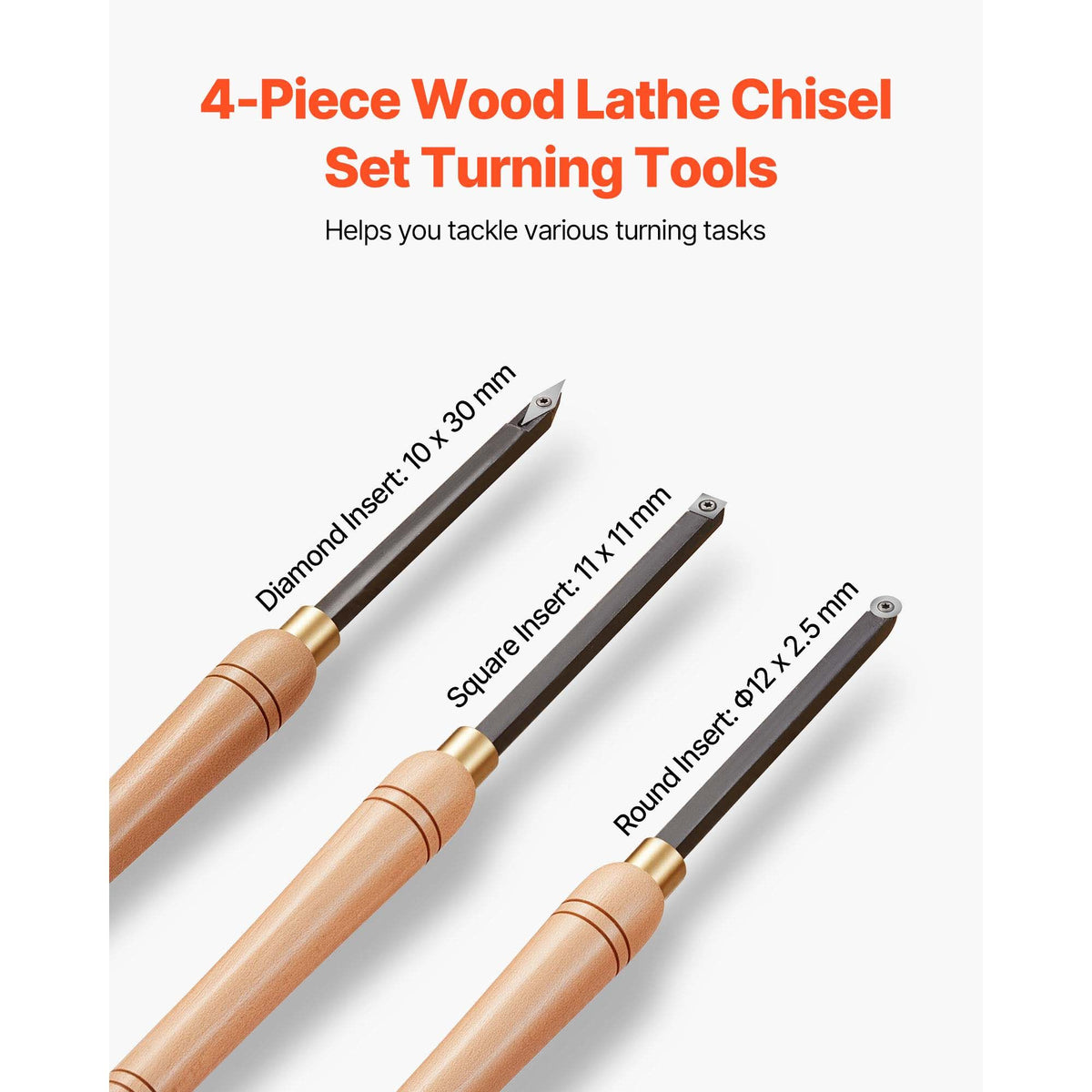 Wood Lathe Turning Tool Set, 4PCS, Lathe Roughing Finishing and Detailing Hollow Tool with Wooden Handle, Diamond Round Square Carbide Inserts, Wooden Box, for Beginners Hobbyists Professionals