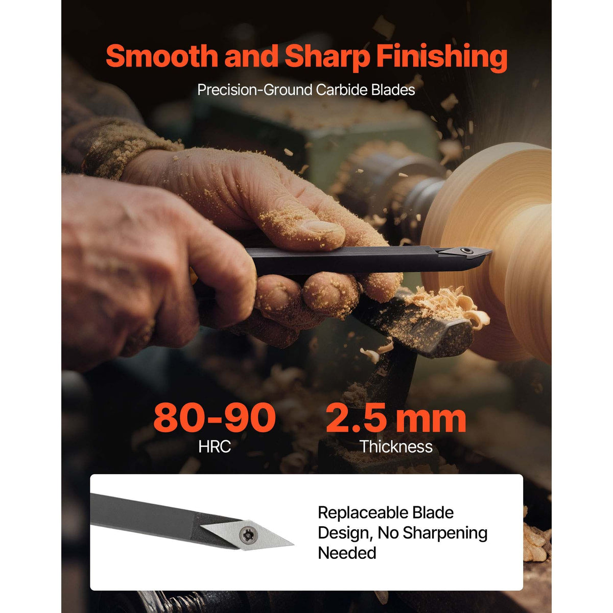 Wood Lathe Turning Tool Set, 4PCS, Lathe Roughing Finishing and Detailing Hollow Tool with Wooden Handle, Diamond Round Square Carbide Inserts, Wooden Box, for Beginners Hobbyists Professionals