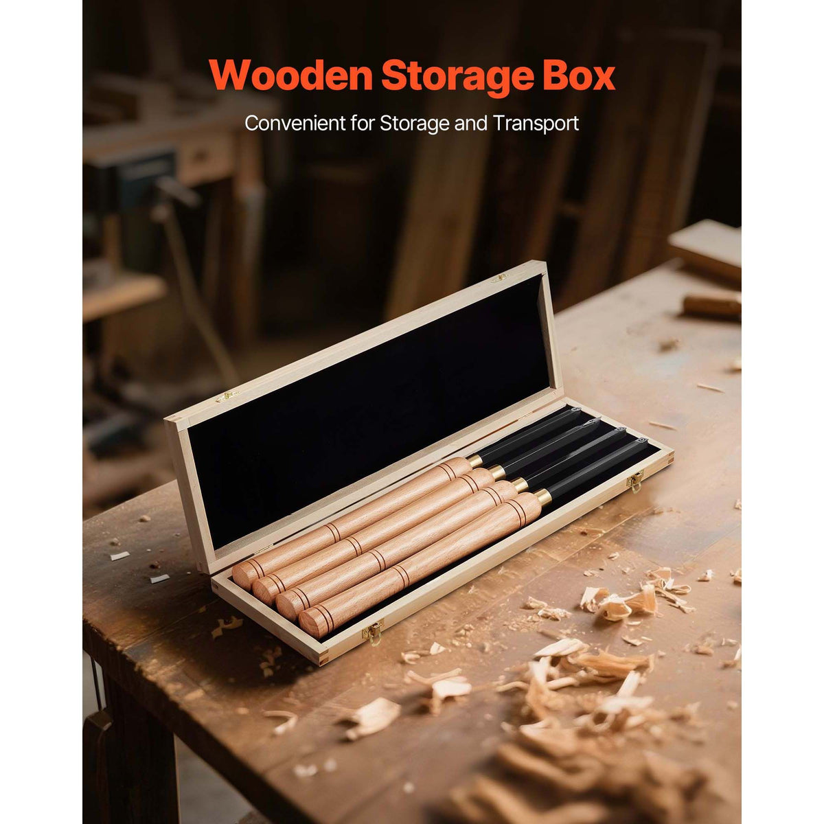 Wood Lathe Turning Tool Set, 4PCS, Lathe Roughing Finishing and Detailing Hollow Tool with Wooden Handle, Diamond Round Square Carbide Inserts, Wooden Box, for Beginners Hobbyists Professionals