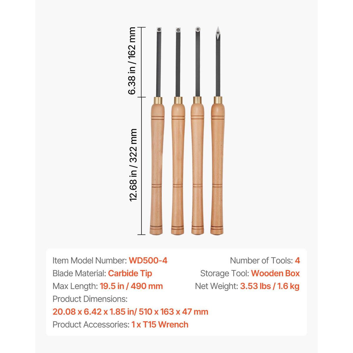 Wood Lathe Turning Tool Set, 4PCS, Lathe Roughing Finishing and Detailing Hollow Tool with Wooden Handle, Diamond Round Square Carbide Inserts, Wooden Box, for Beginners Hobbyists Professionals