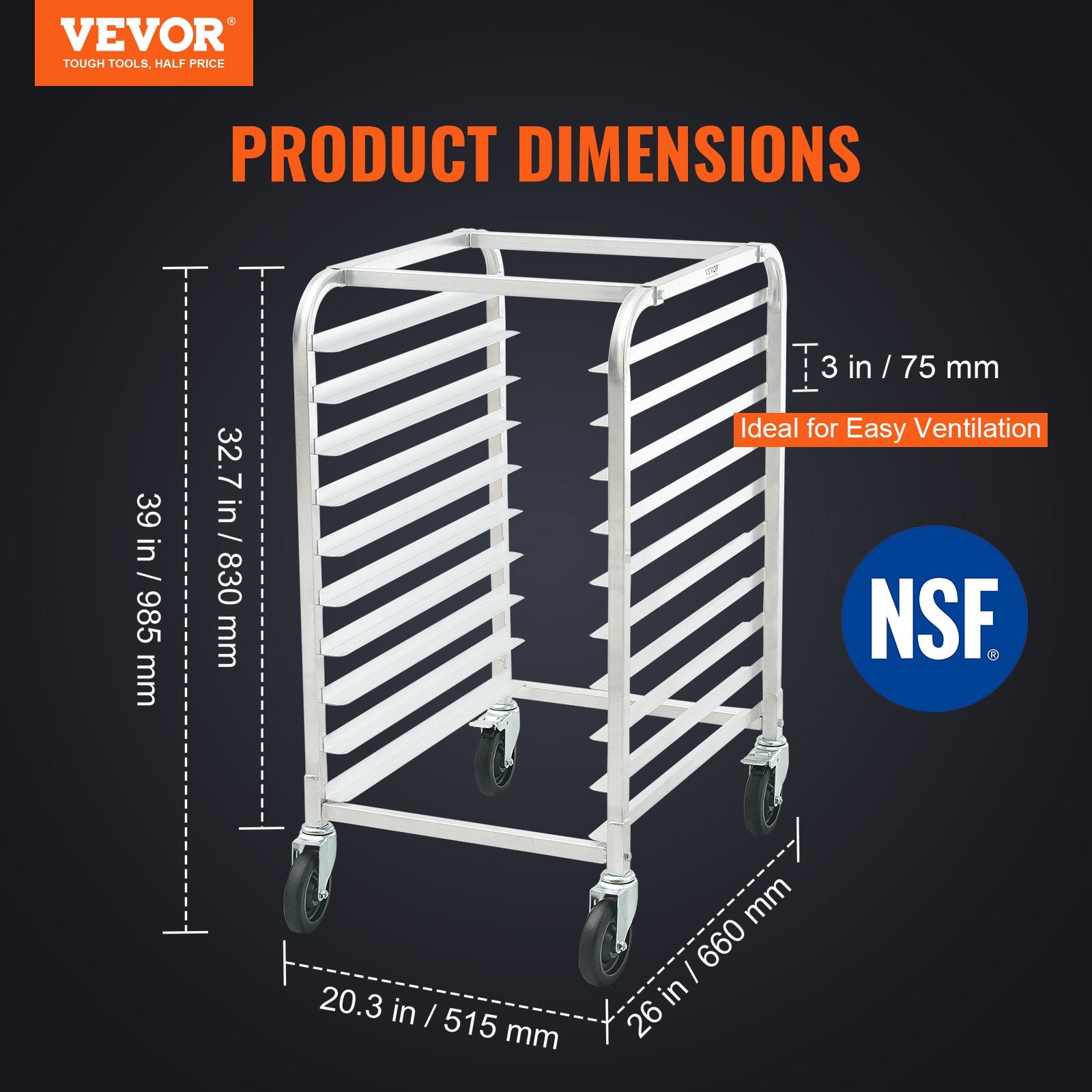 Bakeware & Accessories: VEVOR Bun Pan Rack, 10-Tier Commercial Bakery Racks with Brake Wheels, Aluminum Racking Trolley Storage for Half & Full Sheet, Speed Rack For Kitchen Home, Bread Baking Equipment, 660x515x985 mm